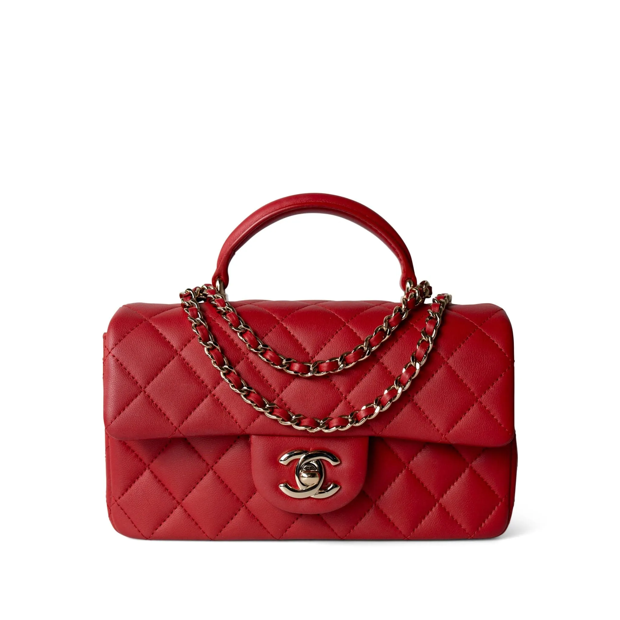 22P Red Lambskin Mini Top Handle Light Gold Hardware