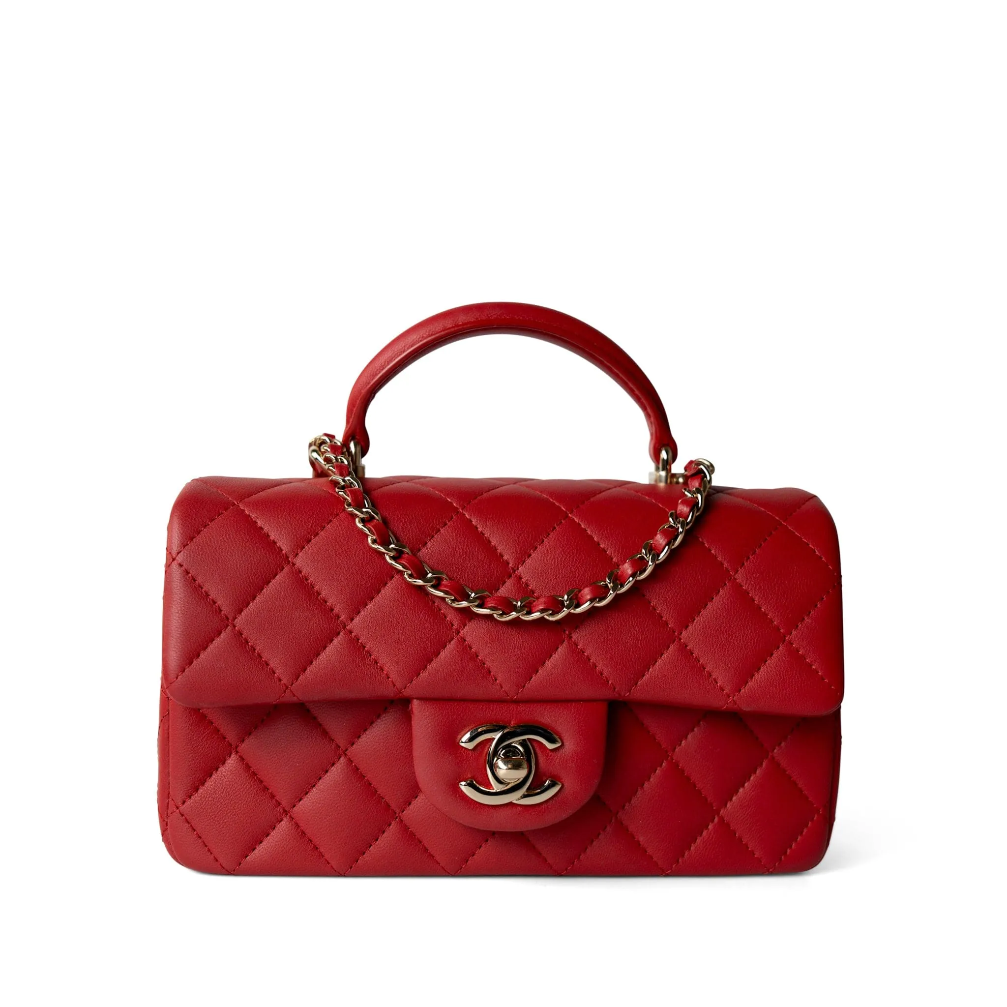 22P Red Lambskin Mini Top Handle Light Gold Hardware