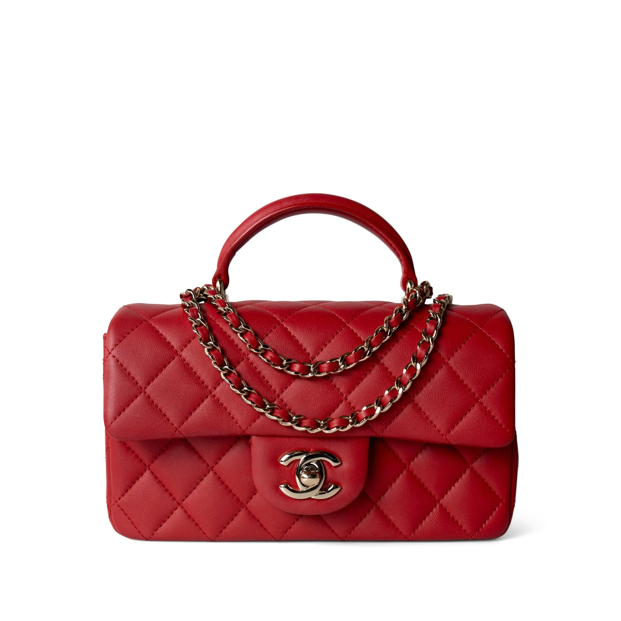 22P Red Lambskin Mini Top Handle Light Gold Hardware