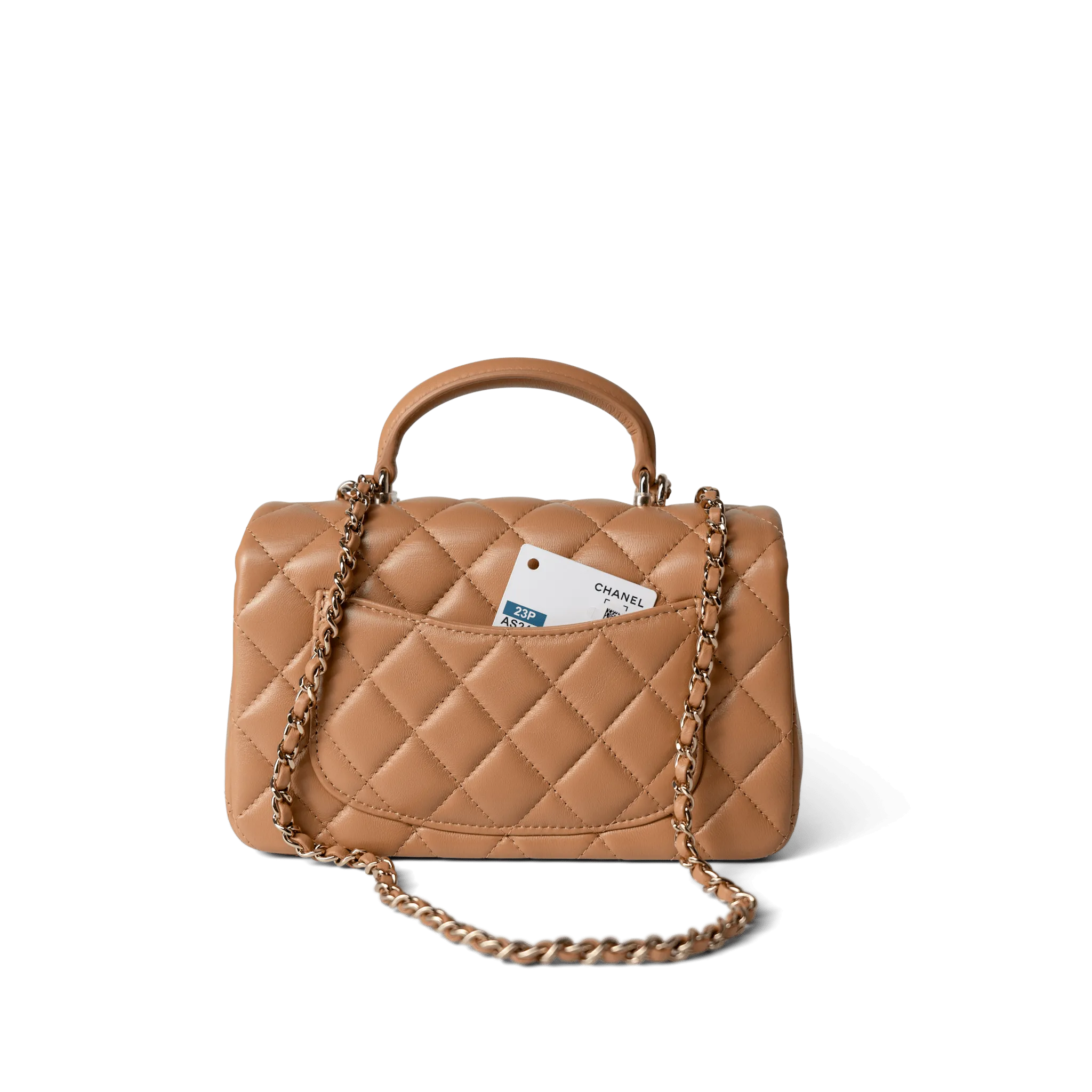 23P Dark Beige Lambskin Quilted Mini Top Handle LGHW