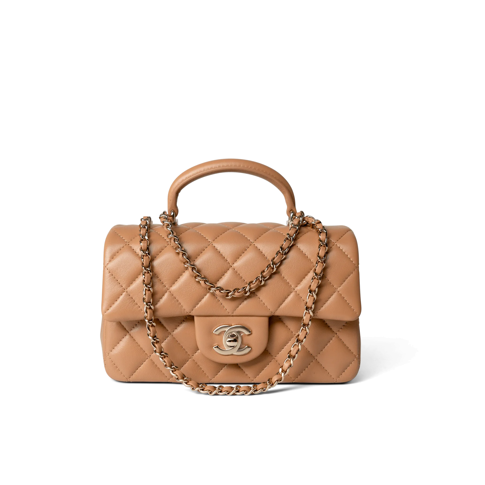 23P Dark Beige Lambskin Quilted Mini Top Handle LGHW