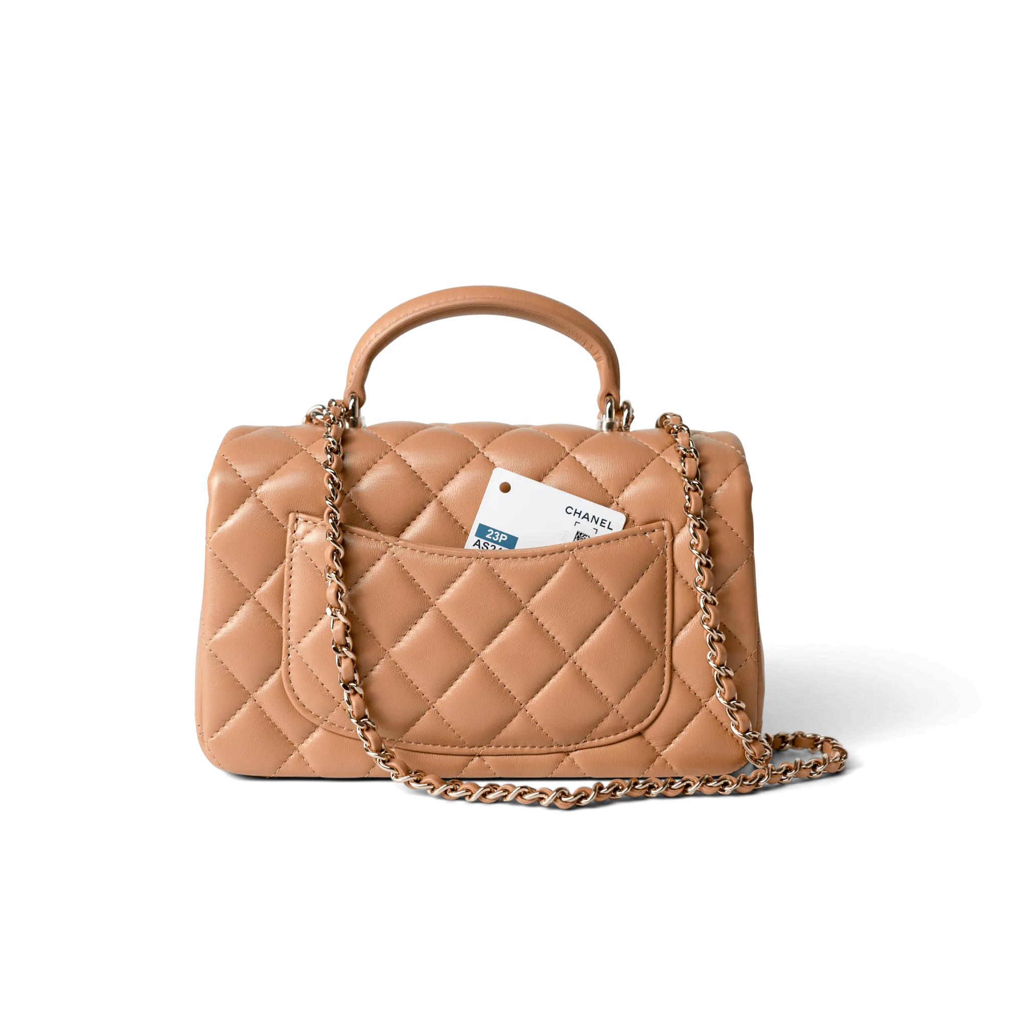 23P Dark Beige Lambskin Quilted Mini Top Handle LGHW