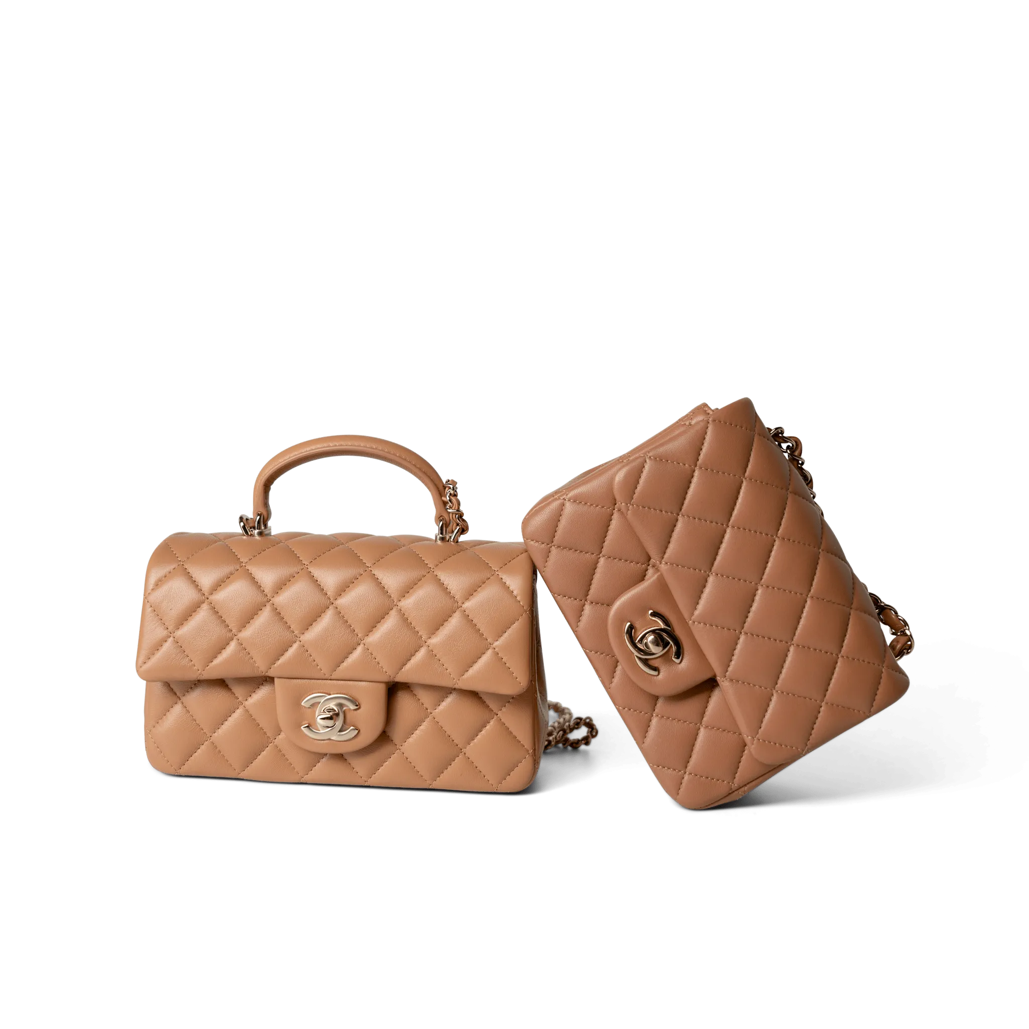 23P Dark Beige Lambskin Quilted Mini Top Handle LGHW