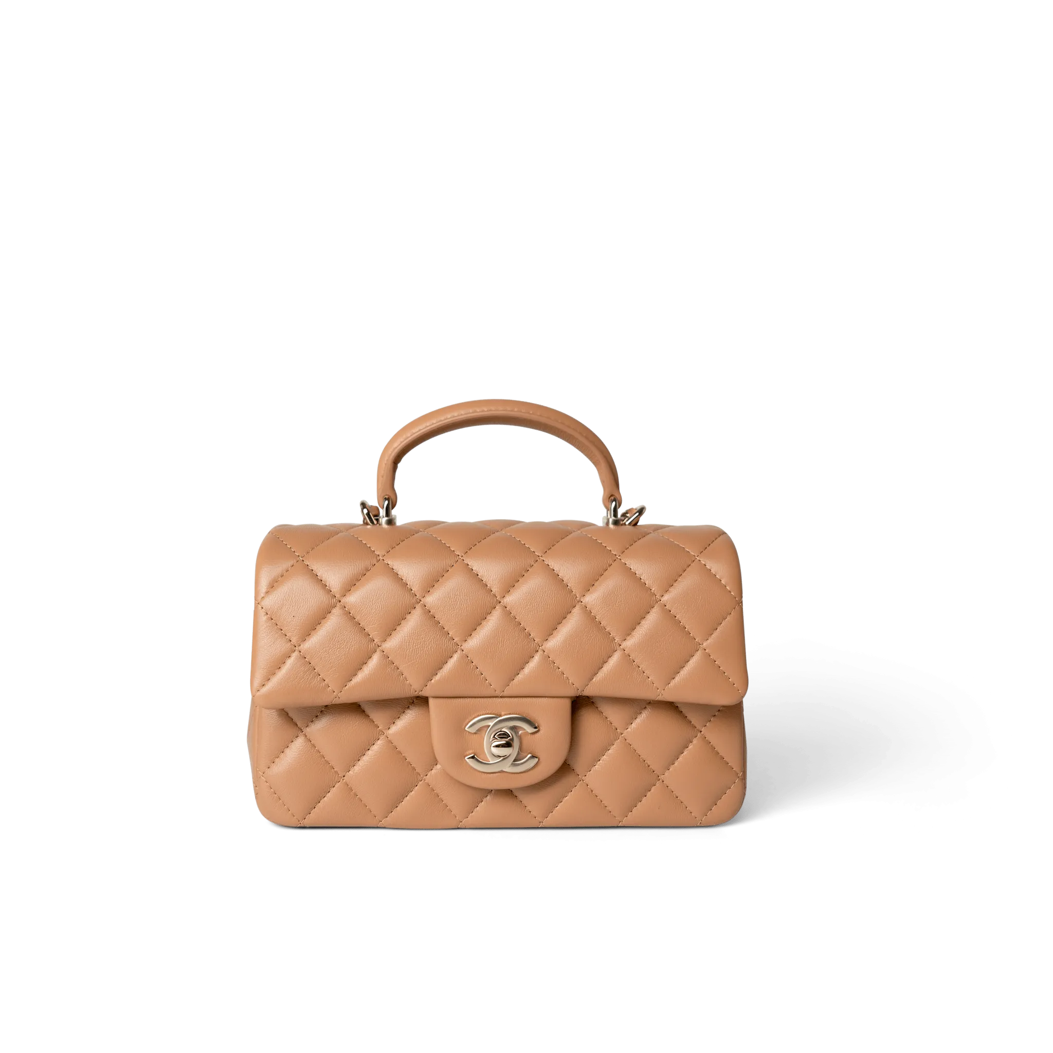 23P Dark Beige Lambskin Quilted Mini Top Handle LGHW