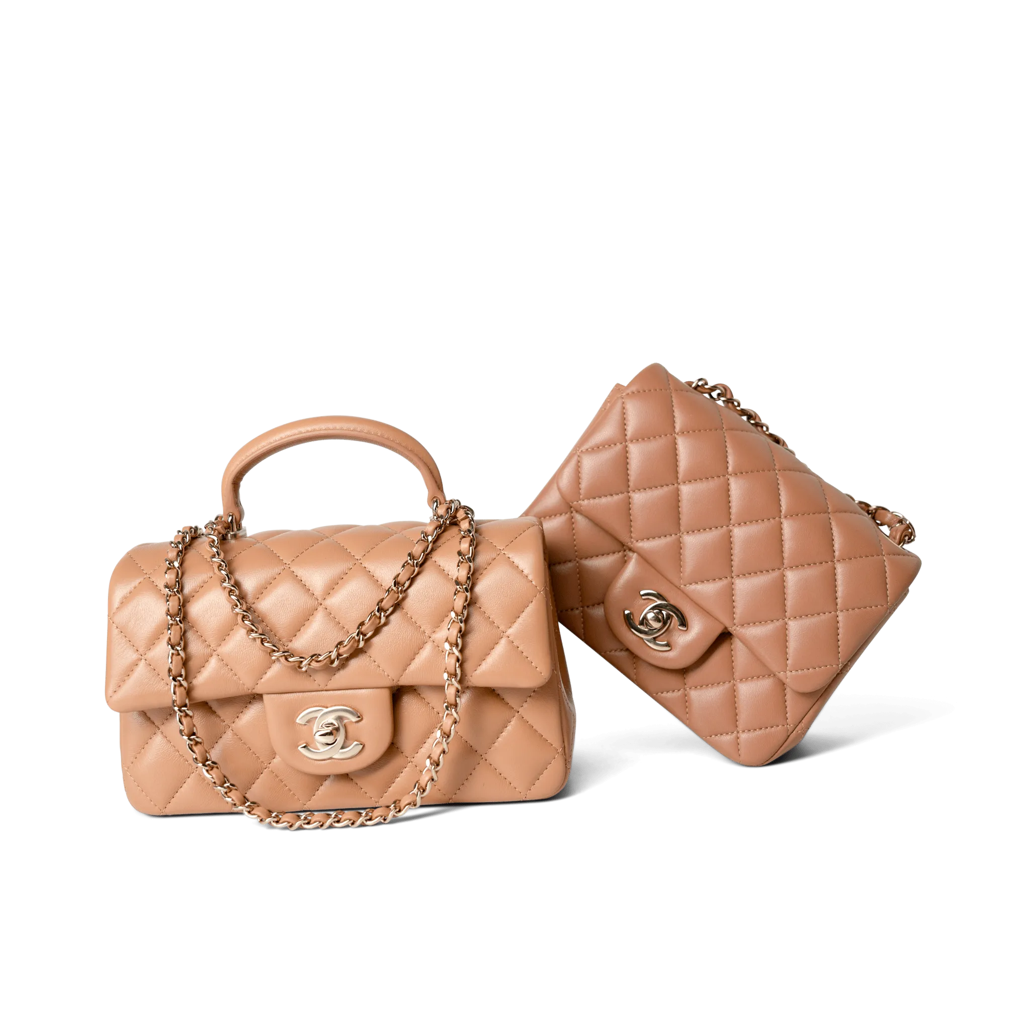 23P Dark Beige Lambskin Quilted Mini Top Handle LGHW