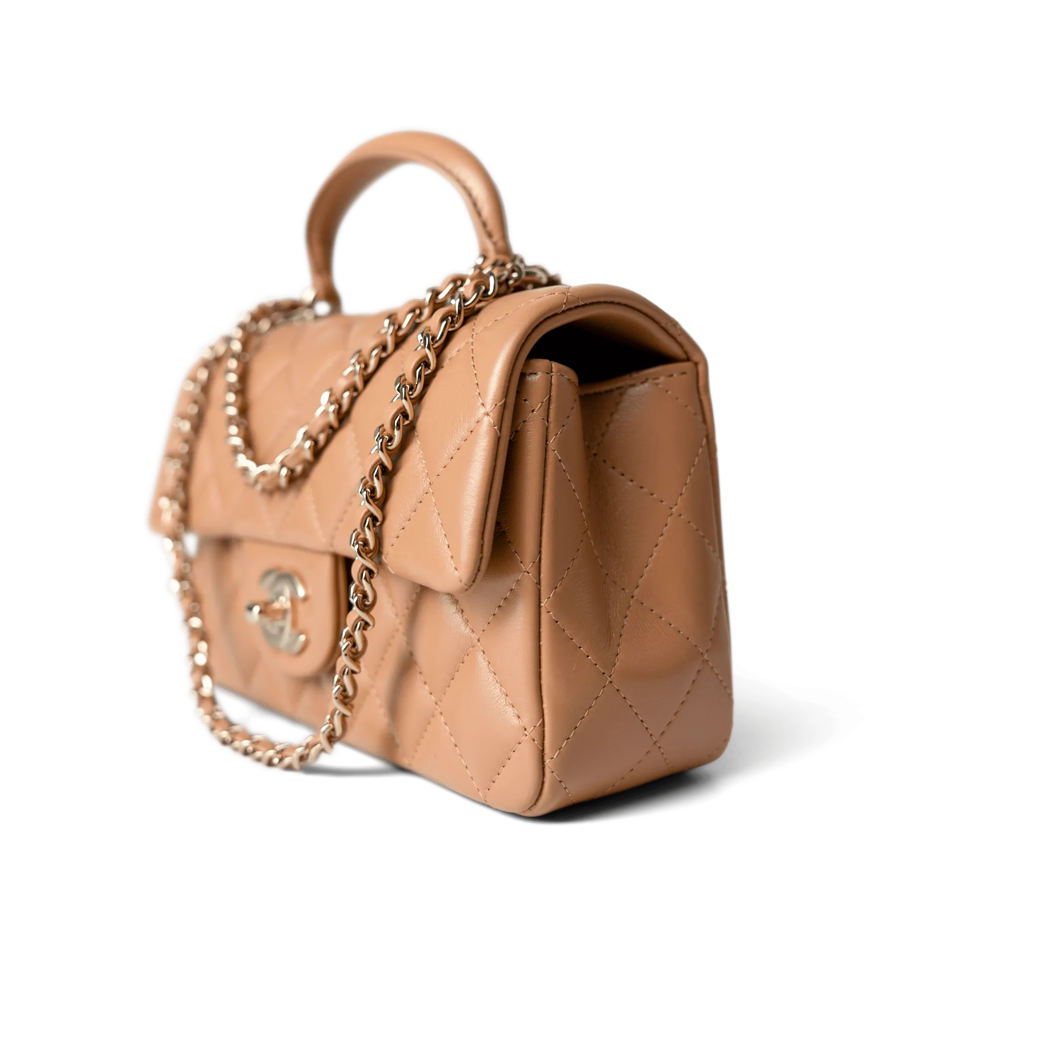 23P Dark Beige Lambskin Quilted Mini Top Handle LGHW