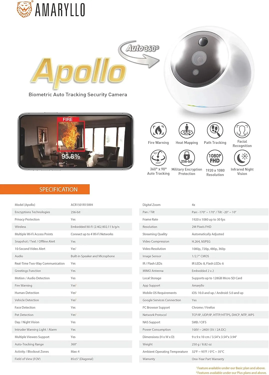 Amaryllo ACR1501R12WHay Apollo Biometric 360 Auto Tracking PTZ Wi-Fi Security Camera, White-JE