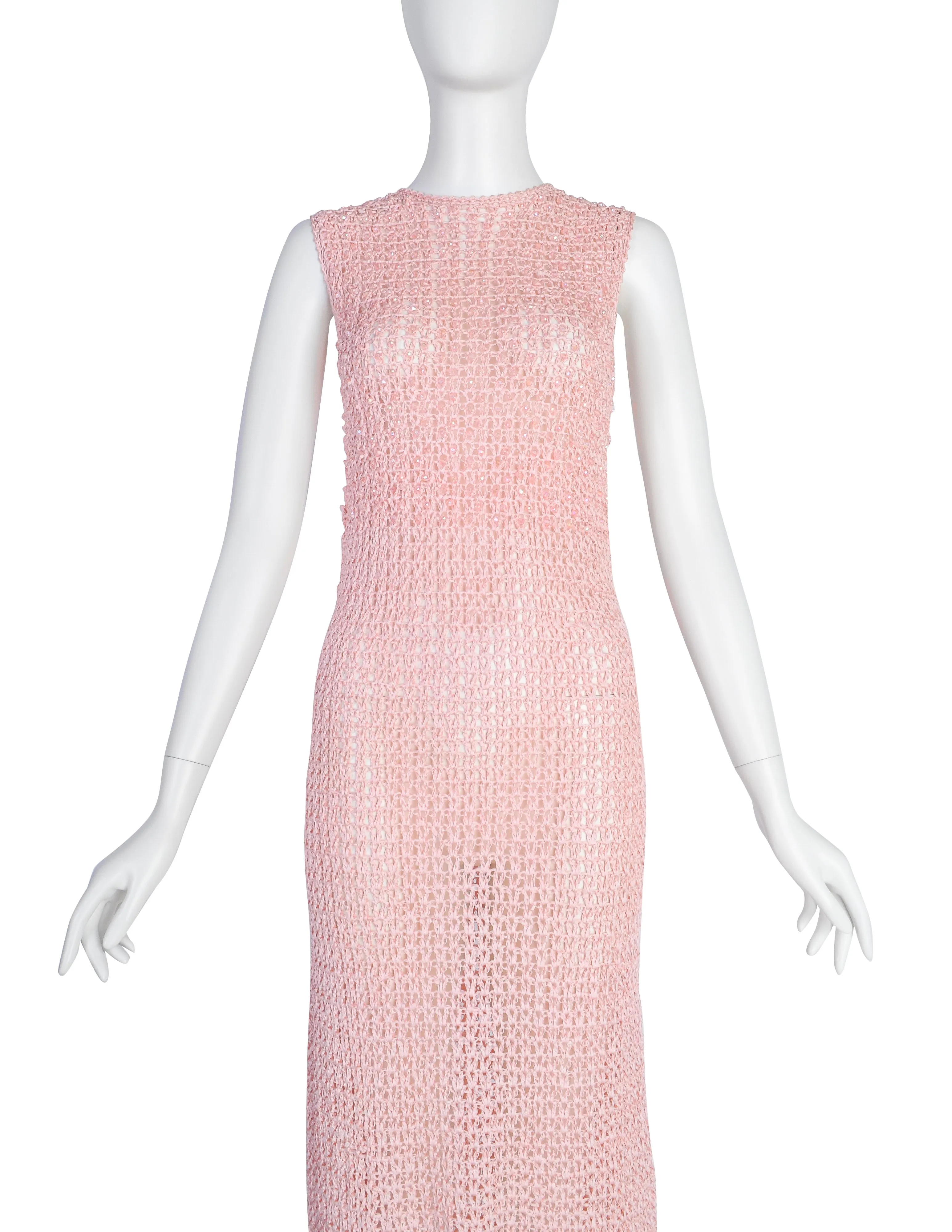Anne Rubin Vintage 1960s Baby Pink Bead Embellished Ribbon Crochet Dress