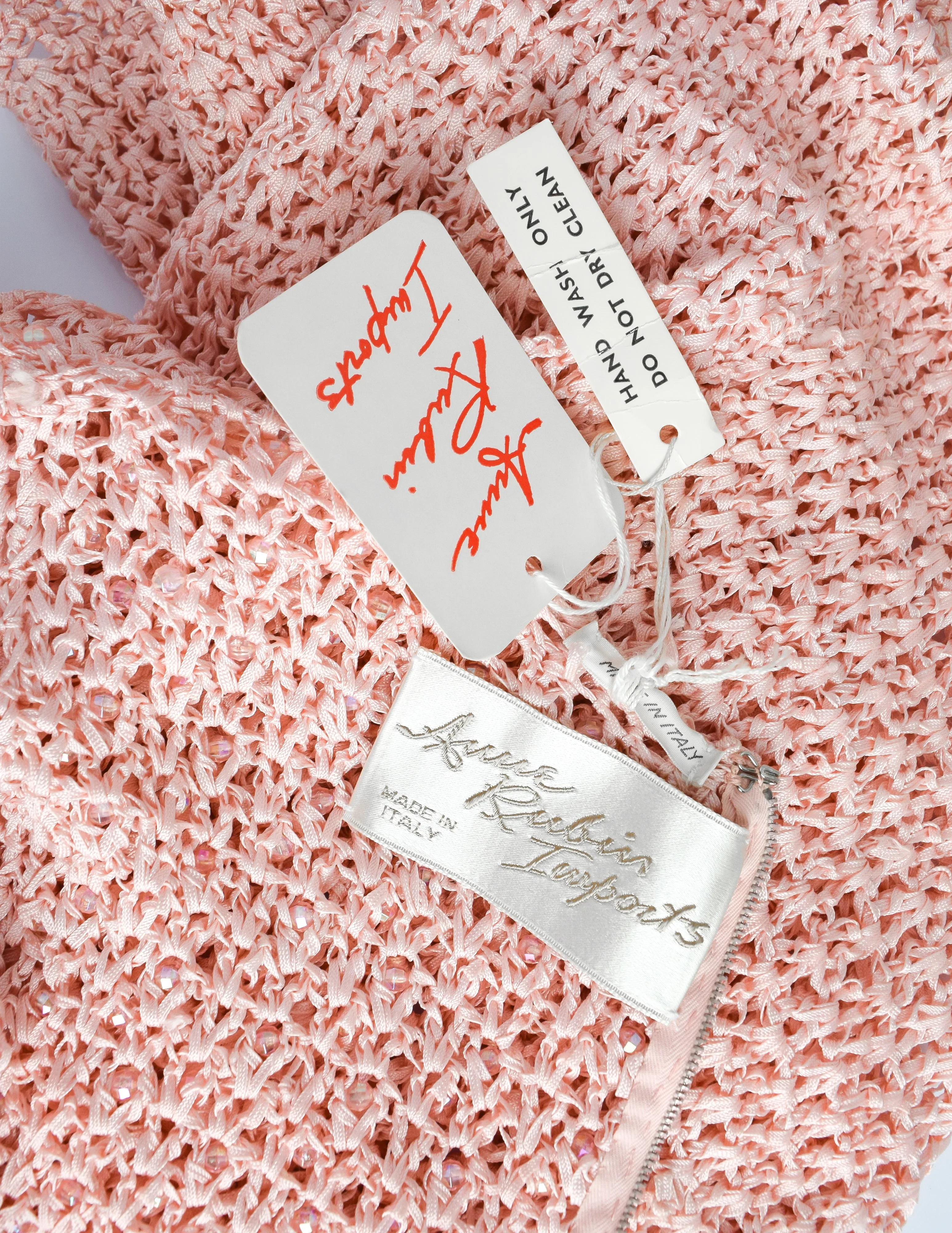 Anne Rubin Vintage 1960s Baby Pink Bead Embellished Ribbon Crochet Dress