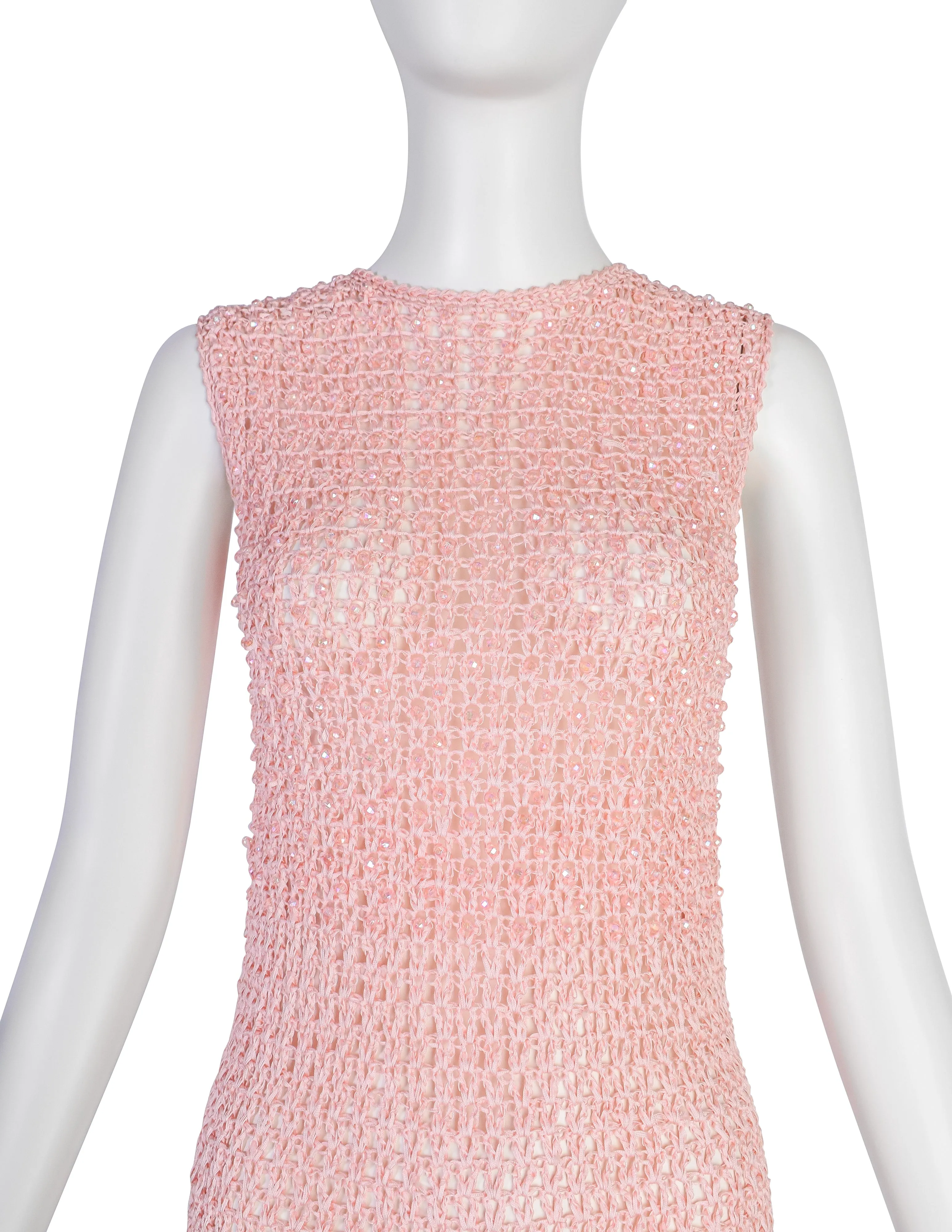 Anne Rubin Vintage 1960s Baby Pink Bead Embellished Ribbon Crochet Dress