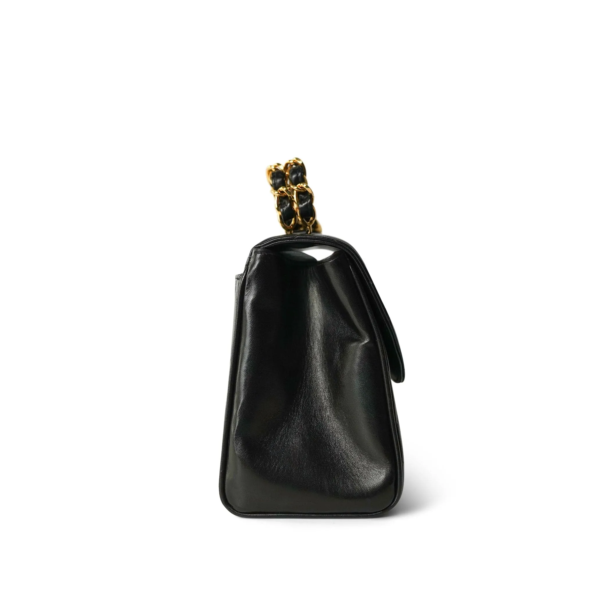 Black Lambskin Quilted Double Chain Top Handle Gold Hardware