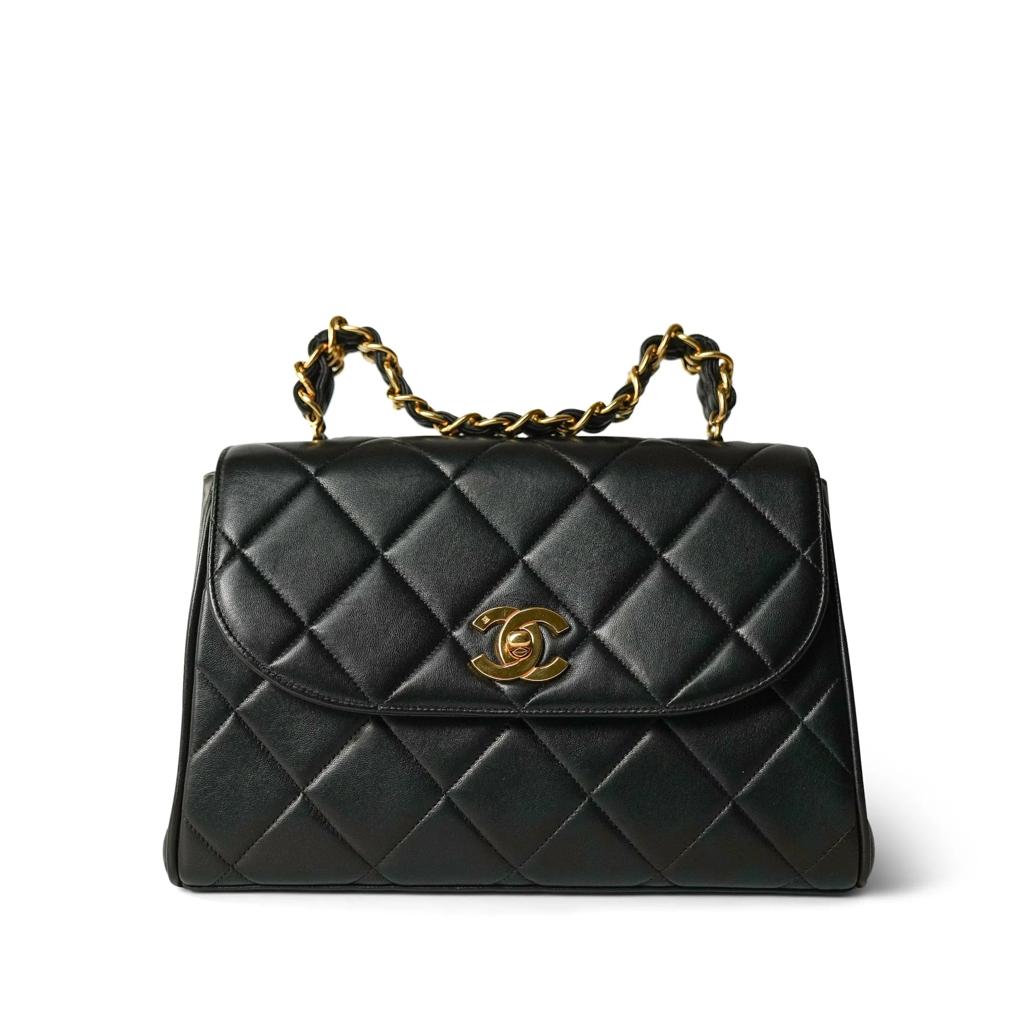 Black Lambskin Quilted Double Chain Top Handle Gold Hardware