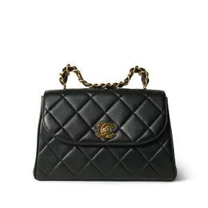 Black Lambskin Quilted Double Chain Top Handle Gold Hardware