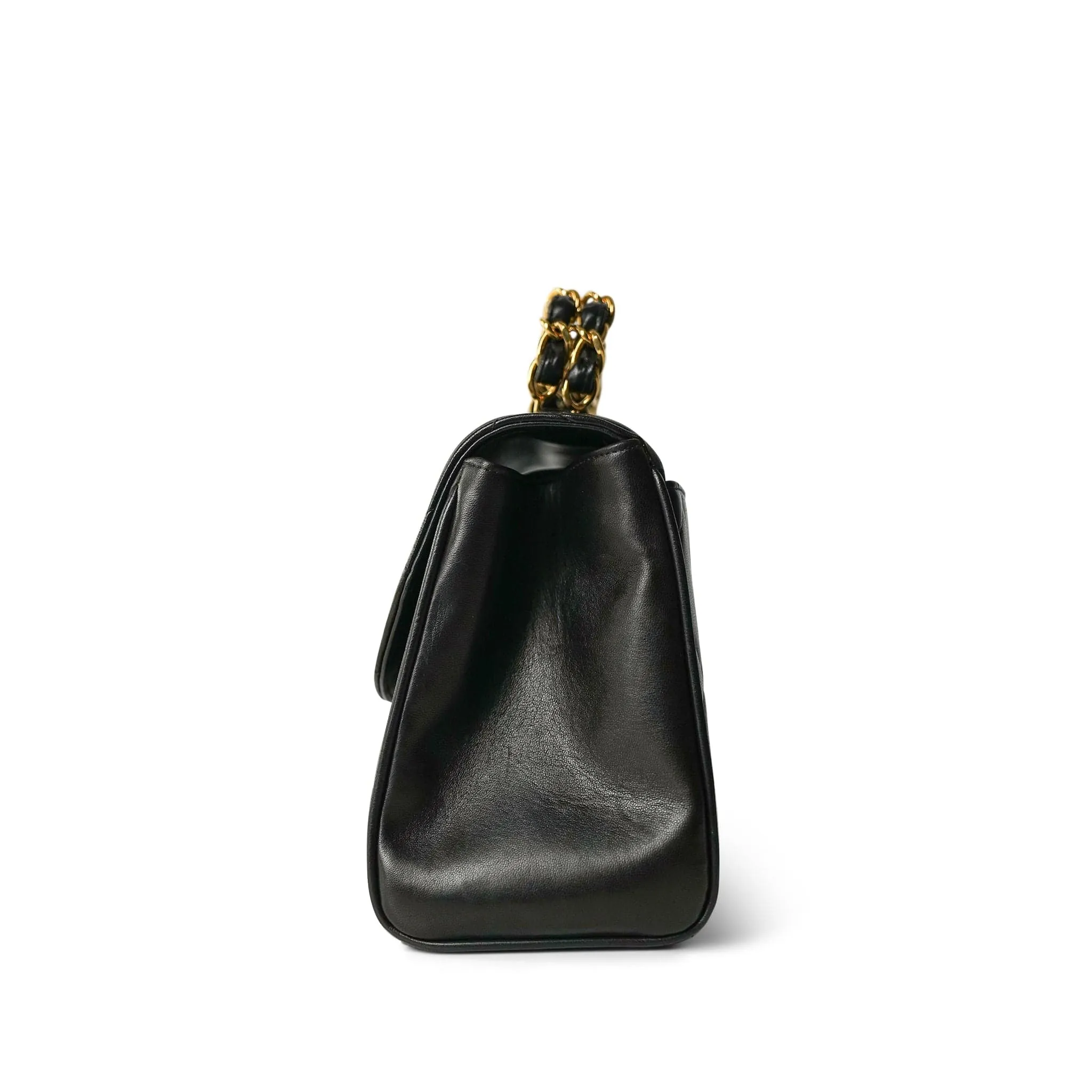 Black Lambskin Quilted Double Chain Top Handle Gold Hardware