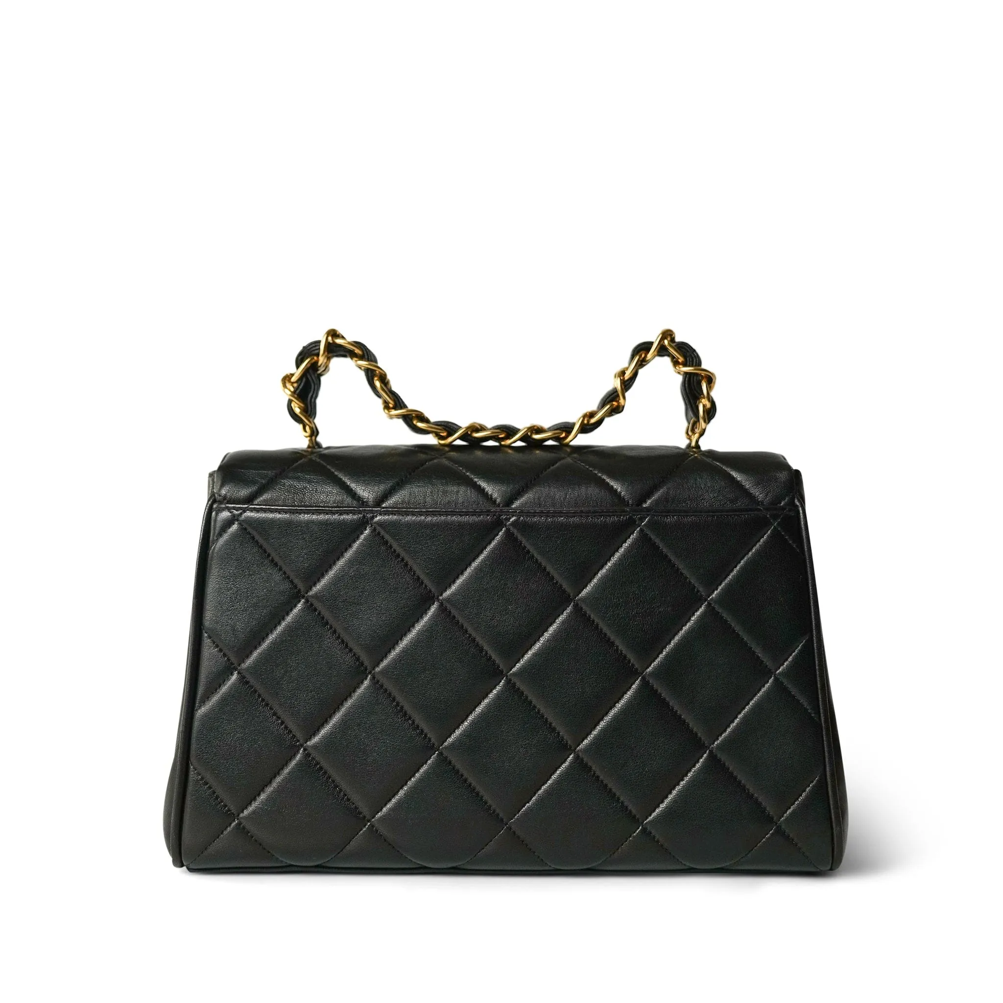 Black Lambskin Quilted Double Chain Top Handle Gold Hardware