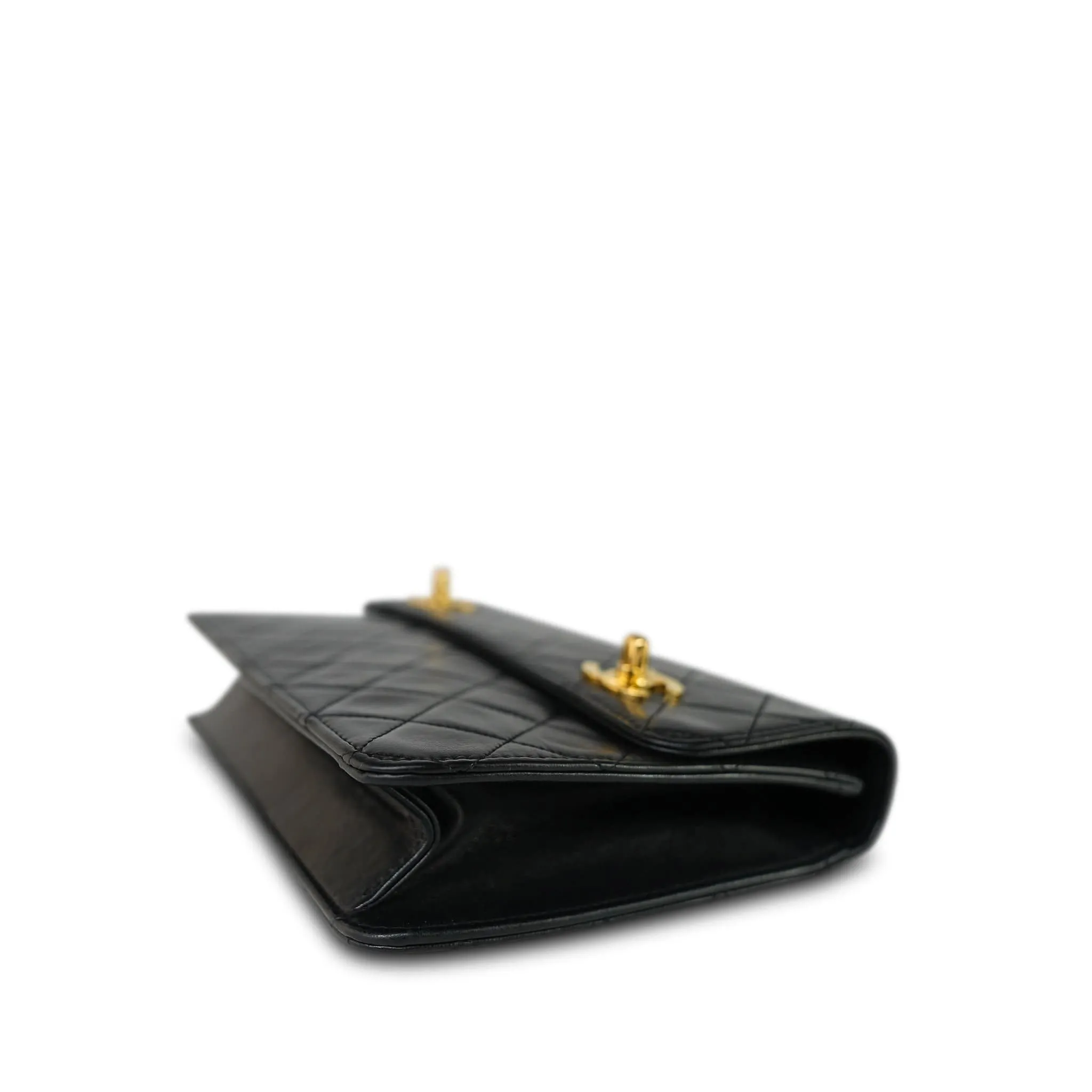 Black Lambskin Quilted Top Handle Double Turnlock Single Flap Gold Hardware