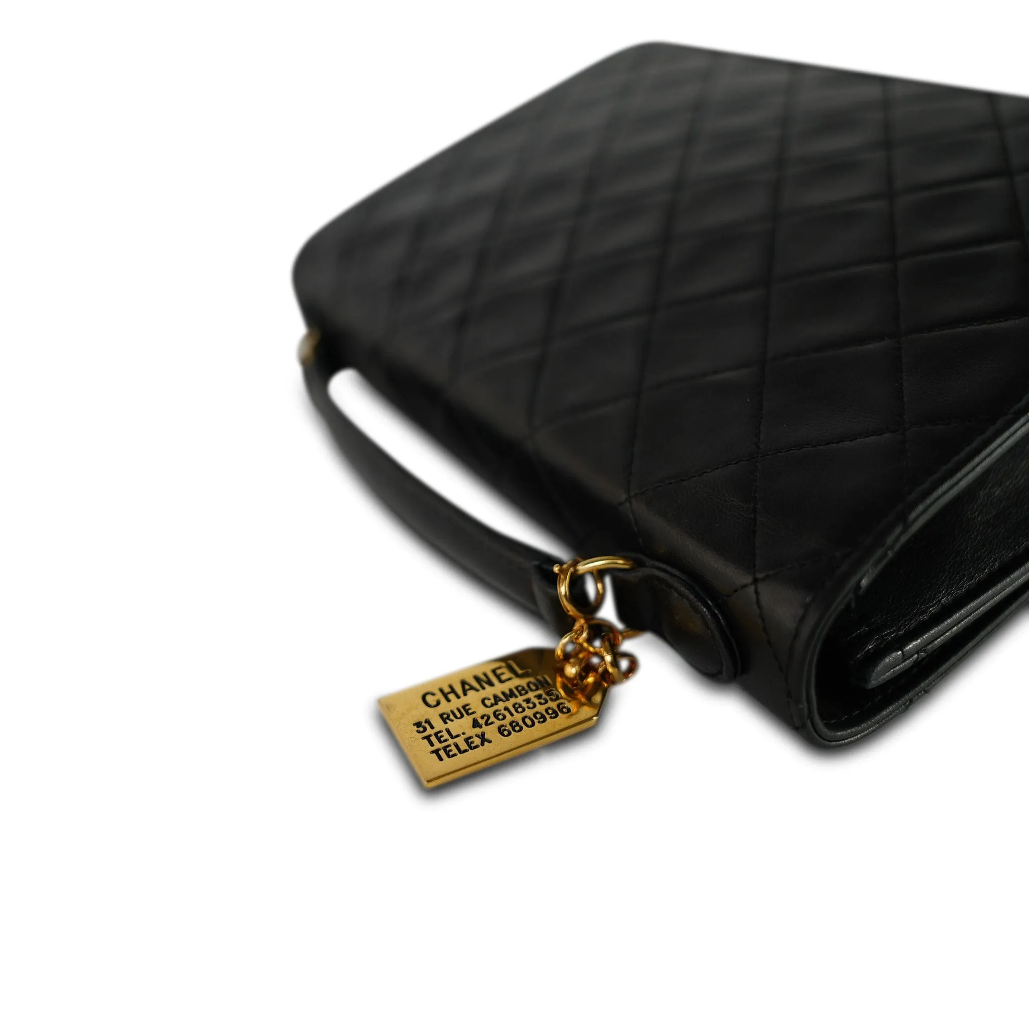 Black Lambskin Quilted Top Handle Double Turnlock Single Flap Gold Hardware