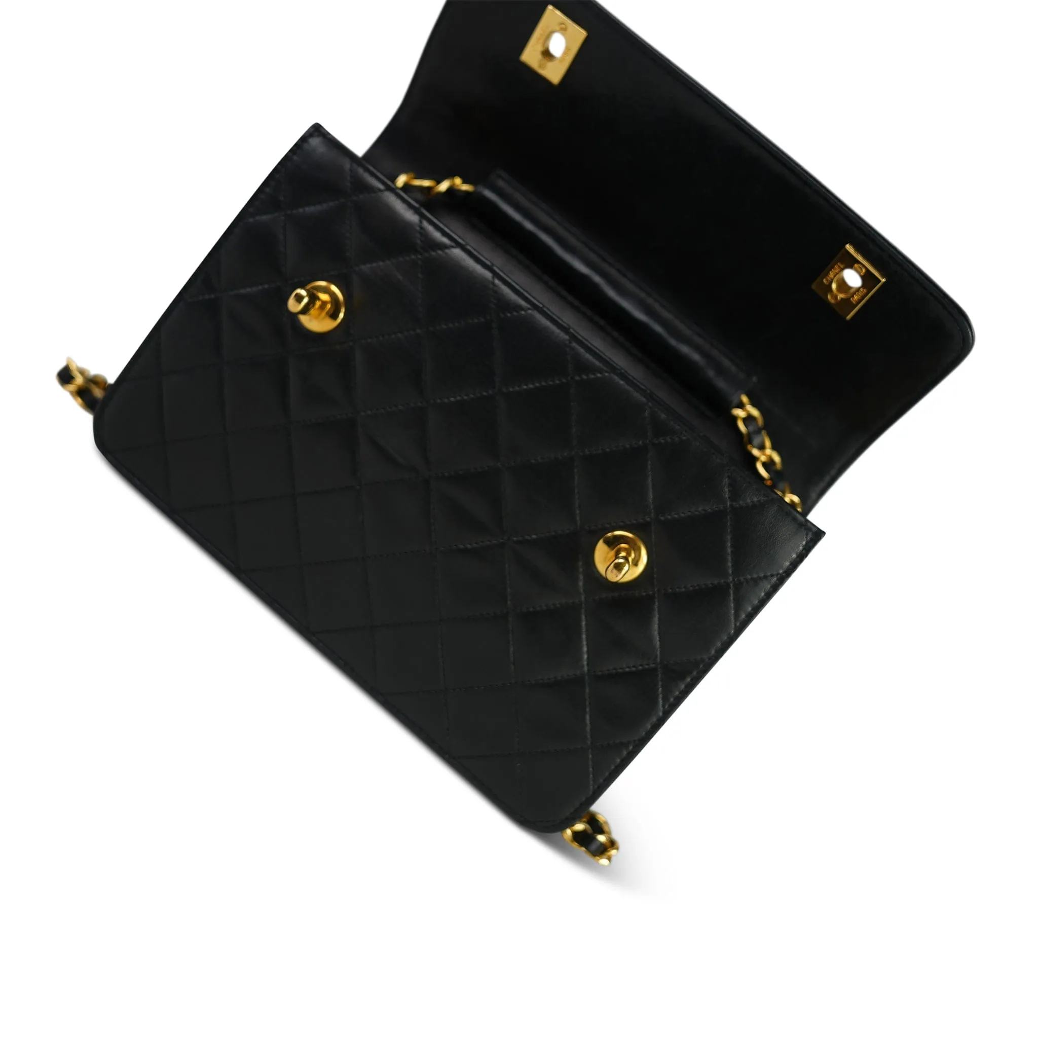 Black Lambskin Quilted Top Handle Double Turnlock Single Flap Gold Hardware