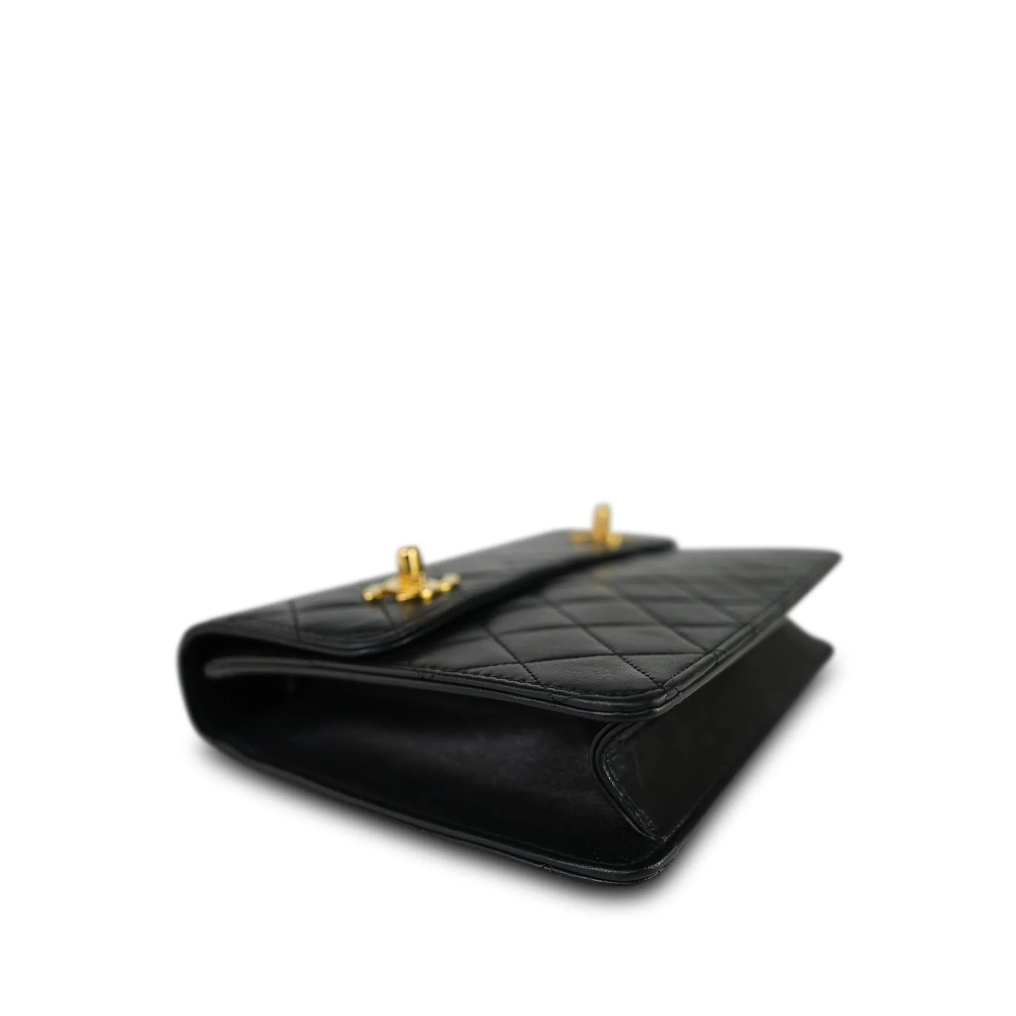Black Lambskin Quilted Top Handle Double Turnlock Single Flap Gold Hardware