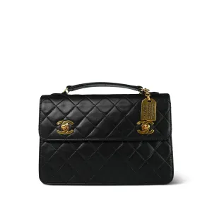 Black Lambskin Quilted Top Handle Double Turnlock Single Flap Gold Hardware