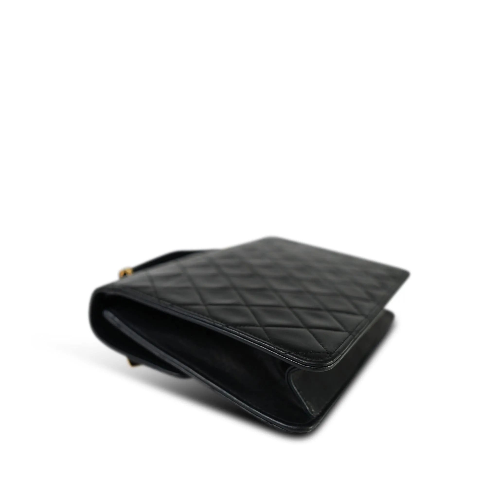 Black Lambskin Quilted Top Handle Double Turnlock Single Flap Gold Hardware