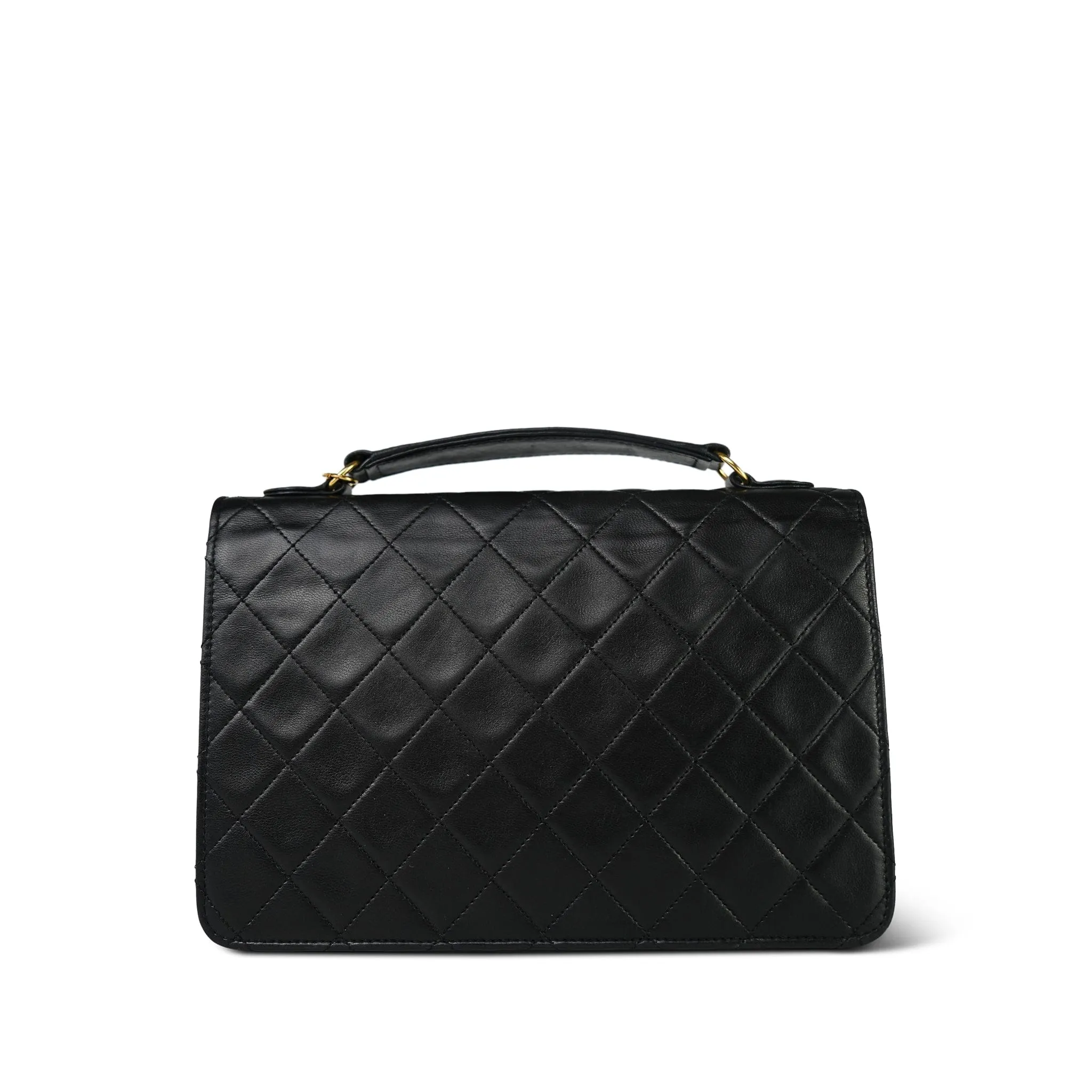 Black Lambskin Quilted Top Handle Double Turnlock Single Flap Gold Hardware