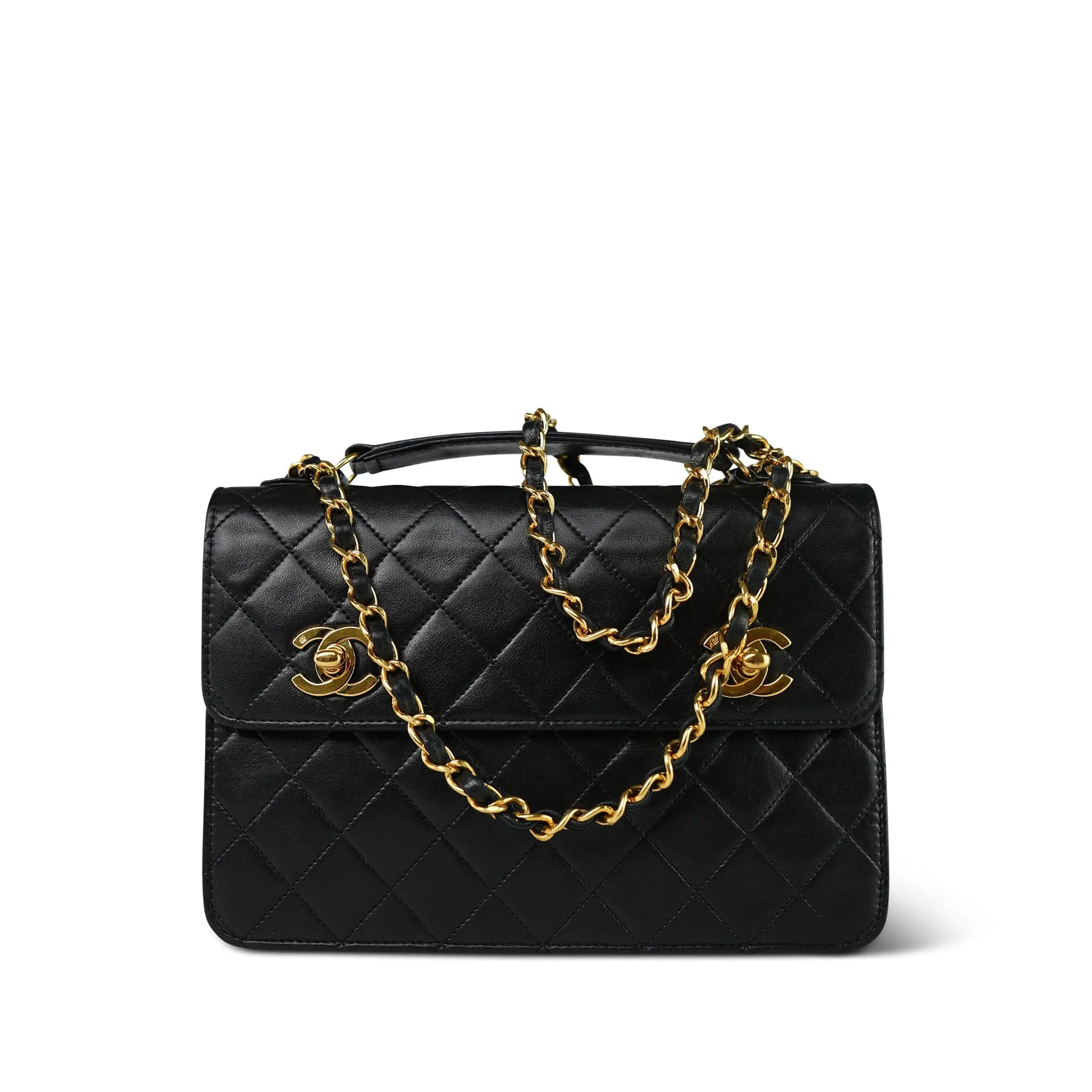 Black Lambskin Quilted Top Handle Double Turnlock Single Flap Gold Hardware