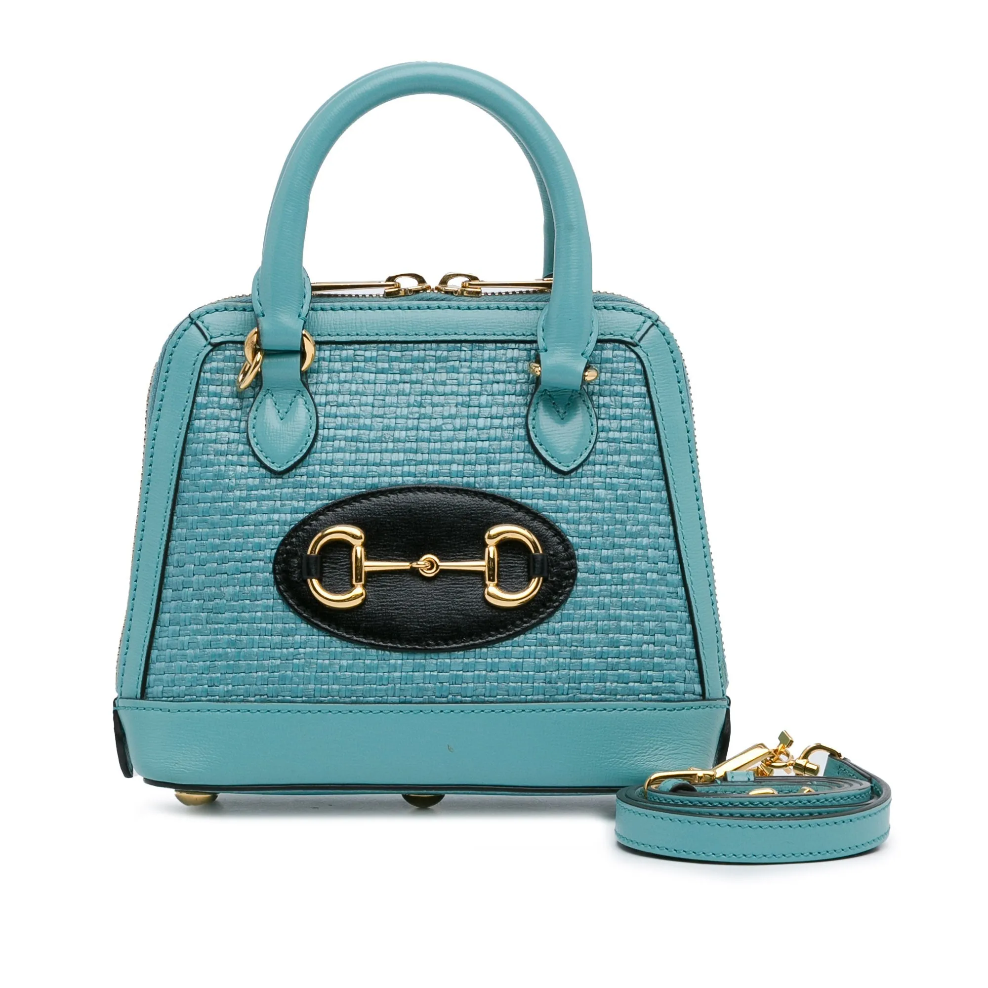 Blue Gucci Mini Raffia Horsebit 1955 Top Handle Bag Satchel