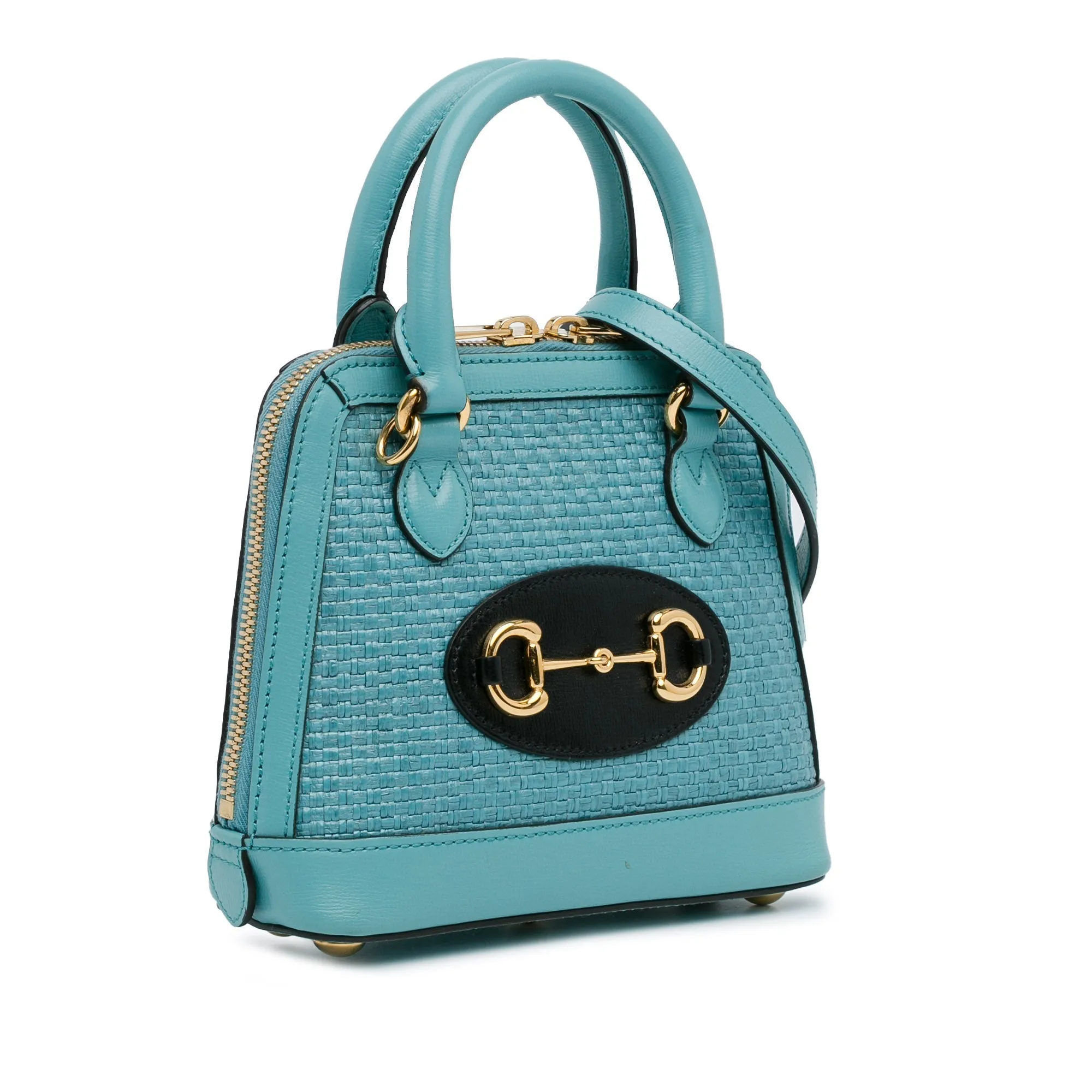 Blue Gucci Mini Raffia Horsebit 1955 Top Handle Bag Satchel