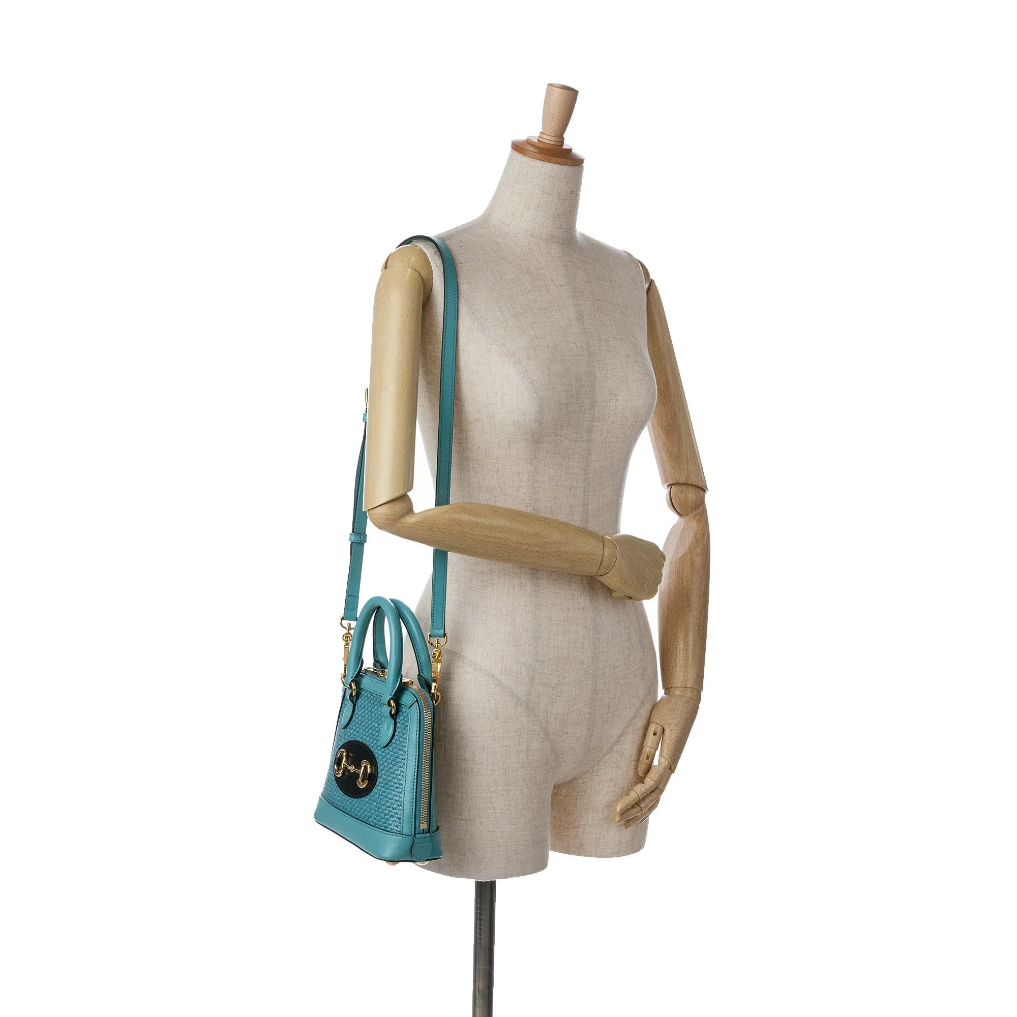 Blue Gucci Mini Raffia Horsebit 1955 Top Handle Bag Satchel