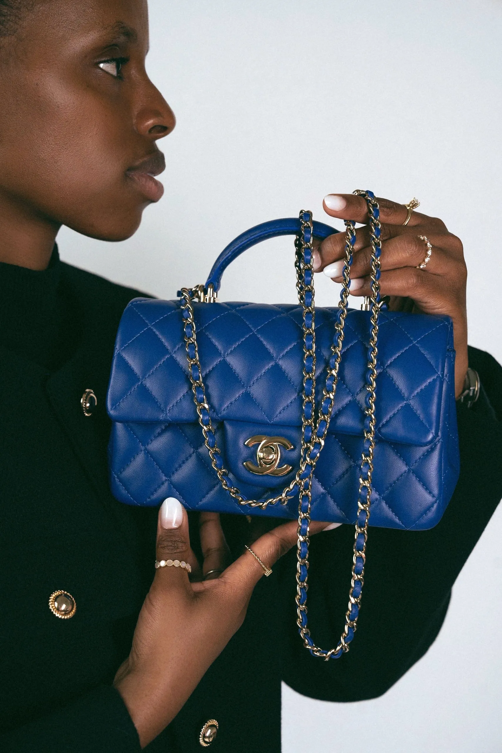 Blue Lambskin Quilted Mini Top Handle Light Gold Hardware