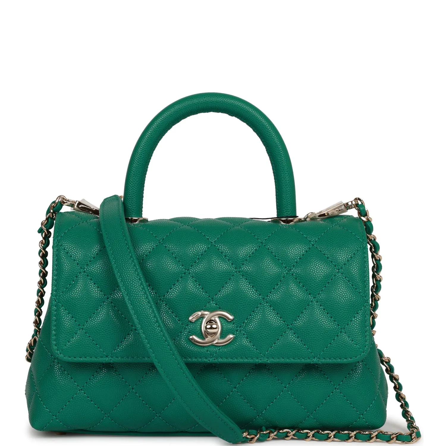 Chanel Small Coco Handle Flap Bag Green Caviar Light Gold Hardware