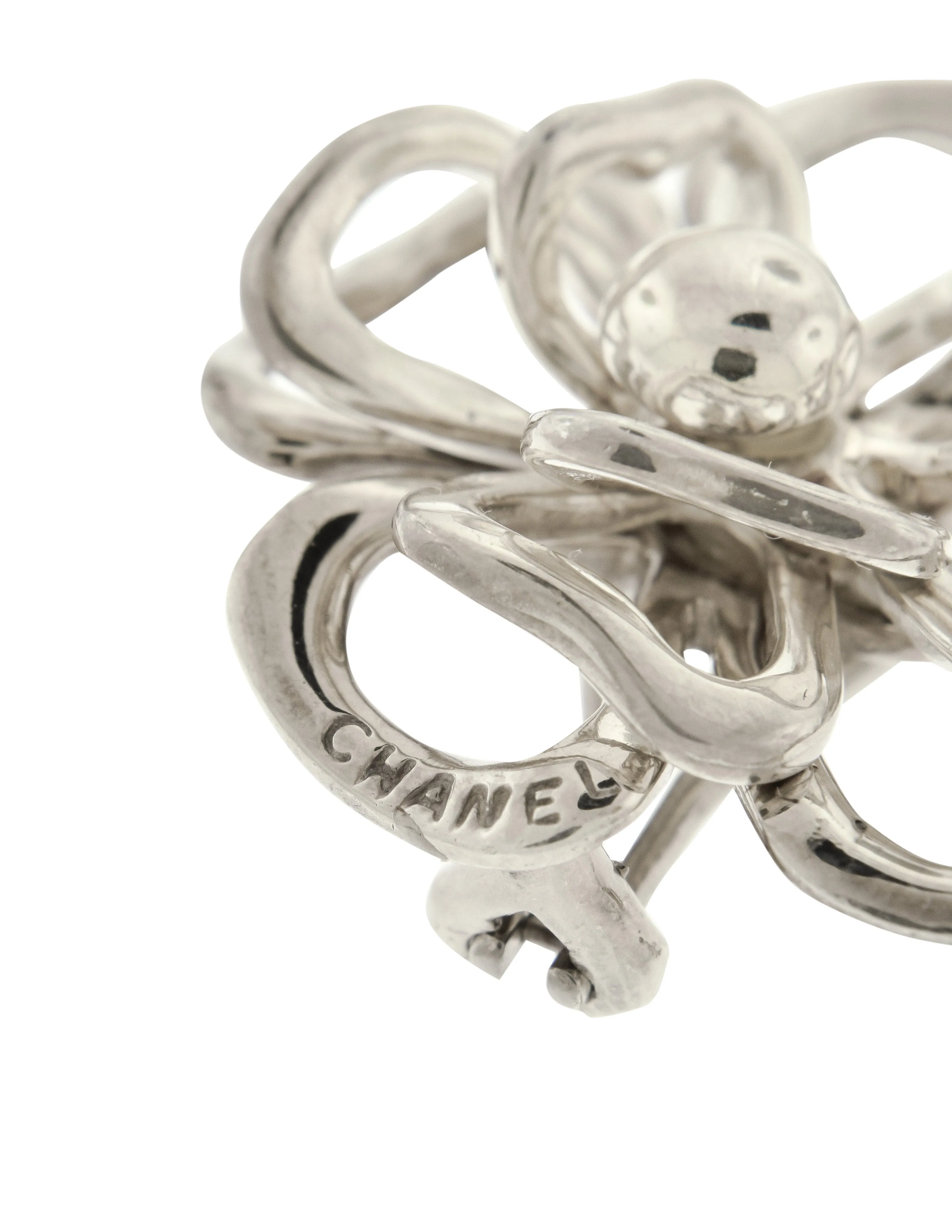 Chanel Vintage Camellia Flower Cut Out Sterling Silver Earrings