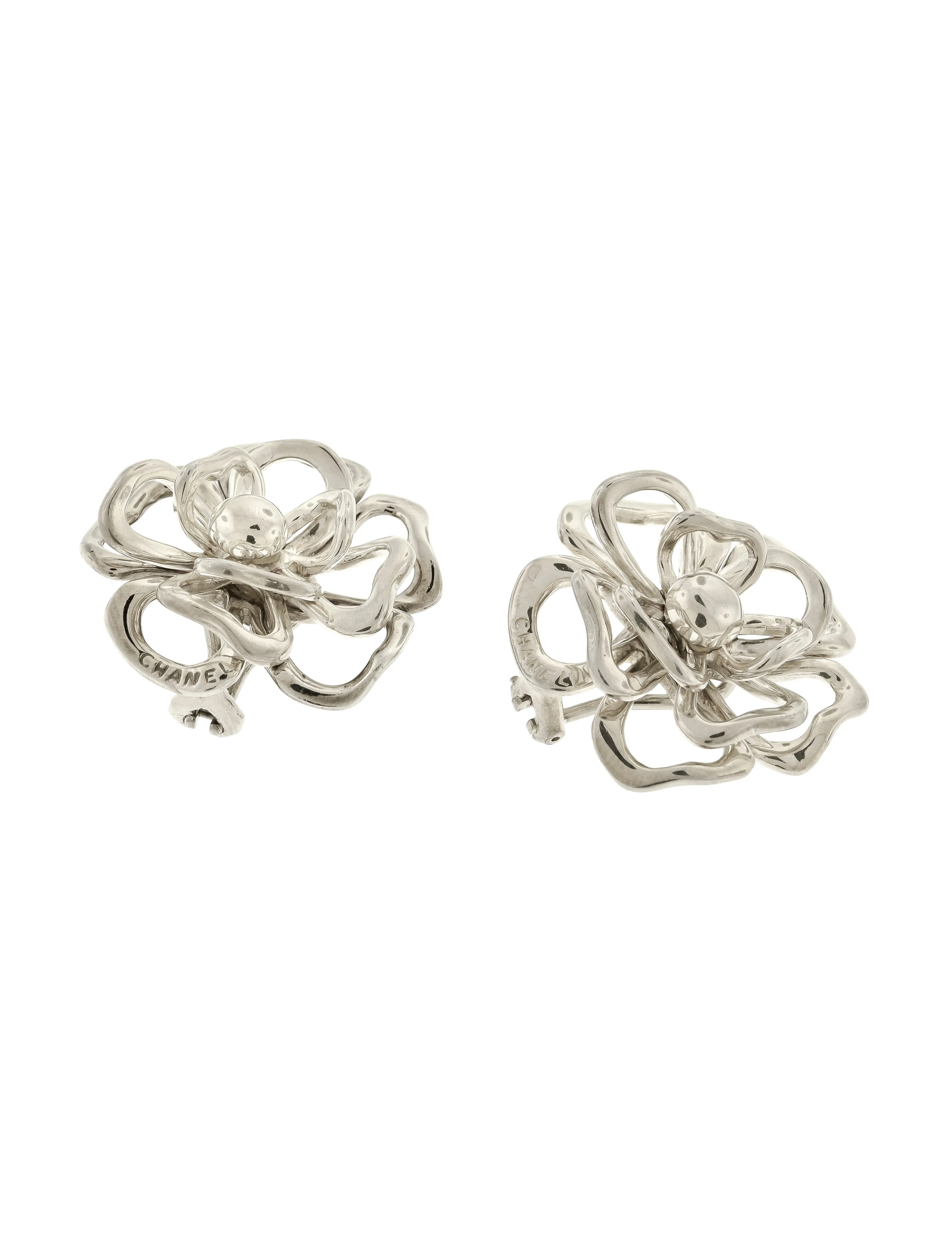 Chanel Vintage Camellia Flower Cut Out Sterling Silver Earrings