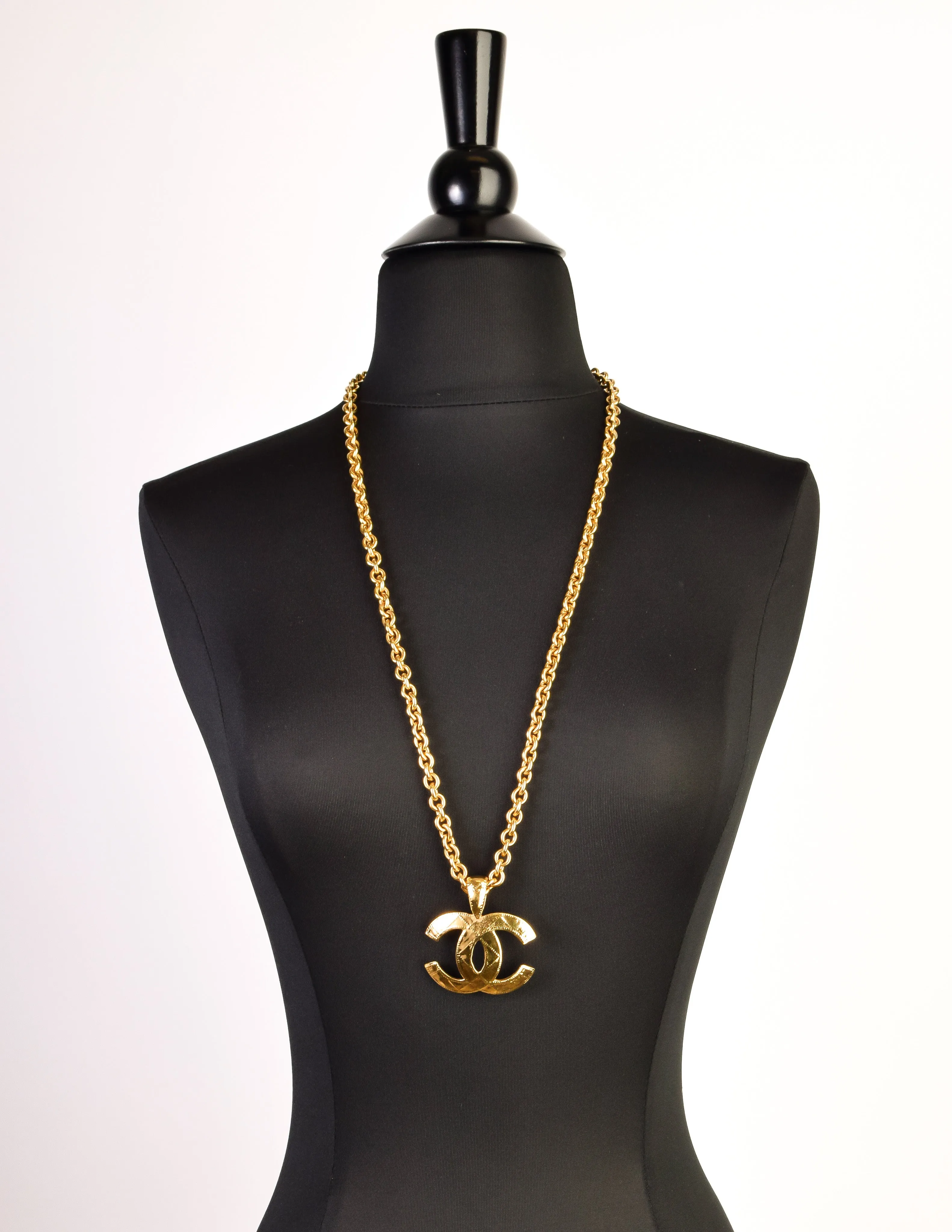 Chanel Vintage Gold Quilted CC Logo Pendant Necklace