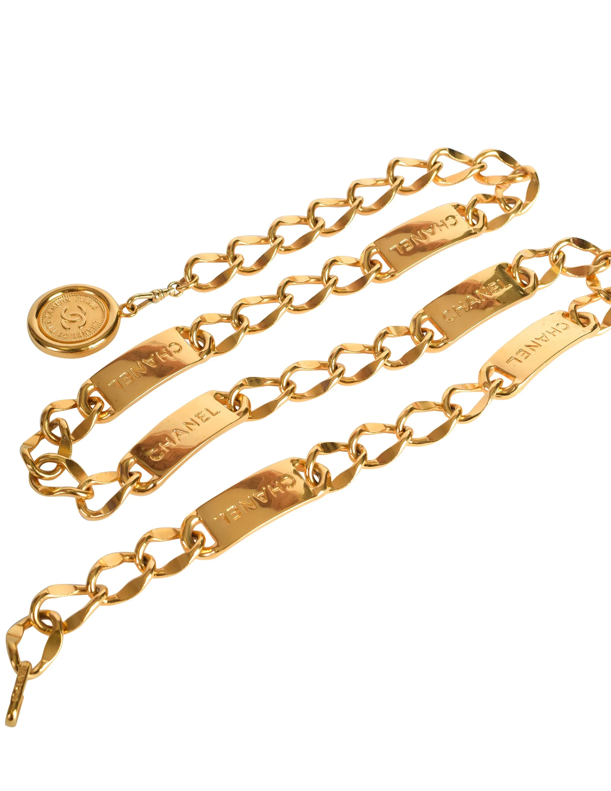 Chanel Vintage Gold Signature Namesake ID Plate Chain Necklace Belt