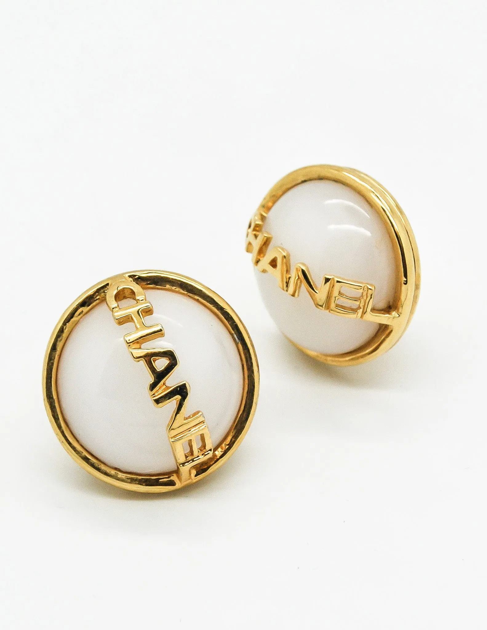 Chanel Vintage Signature White Glass Earrings