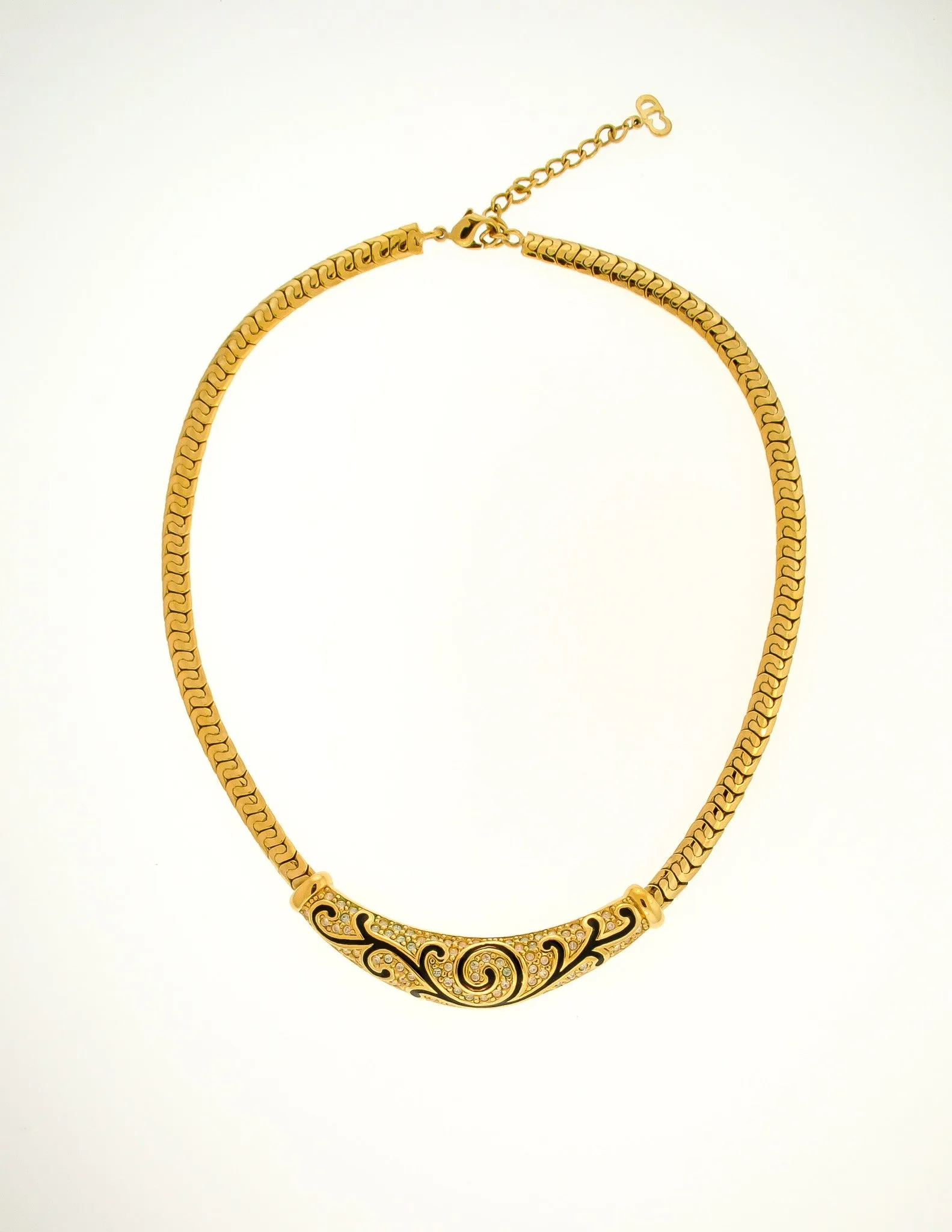 Christian Dior Vintage Black & Gold Rhinestone Enamel Necklace