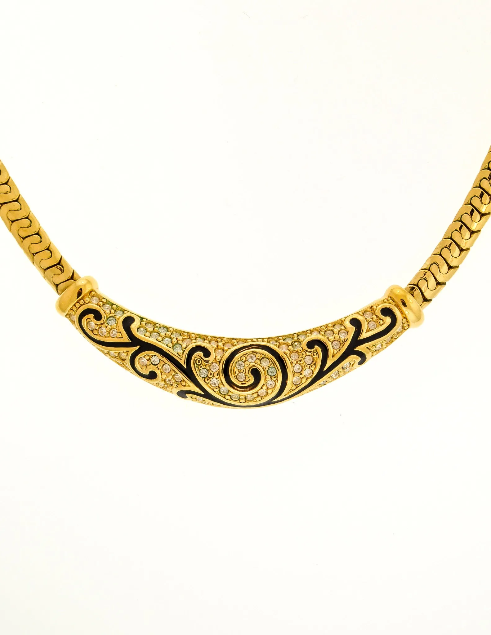 Christian Dior Vintage Black & Gold Rhinestone Enamel Necklace