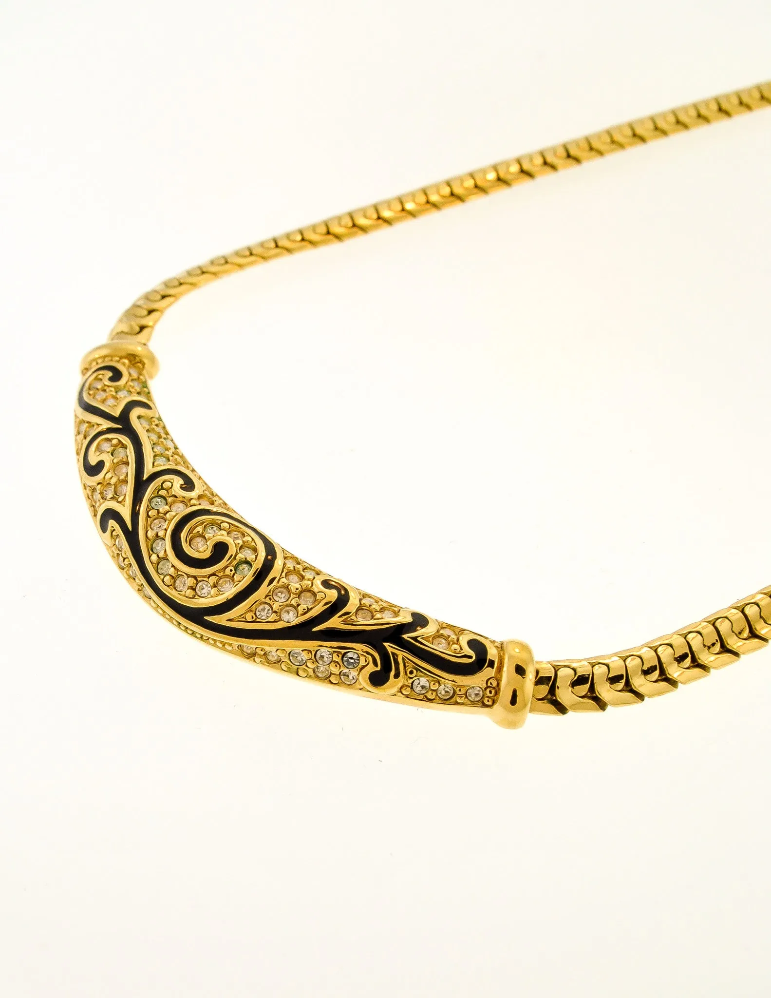 Christian Dior Vintage Black & Gold Rhinestone Enamel Necklace