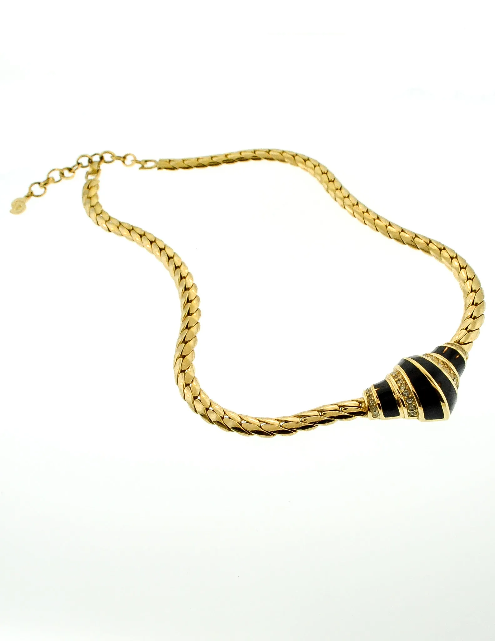 Christian Dior Vintage Black Enamel Rhinestone Gold Necklace