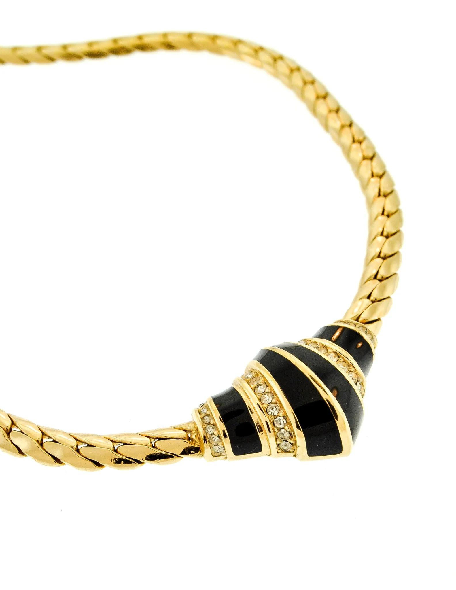 Christian Dior Vintage Black Enamel Rhinestone Gold Necklace