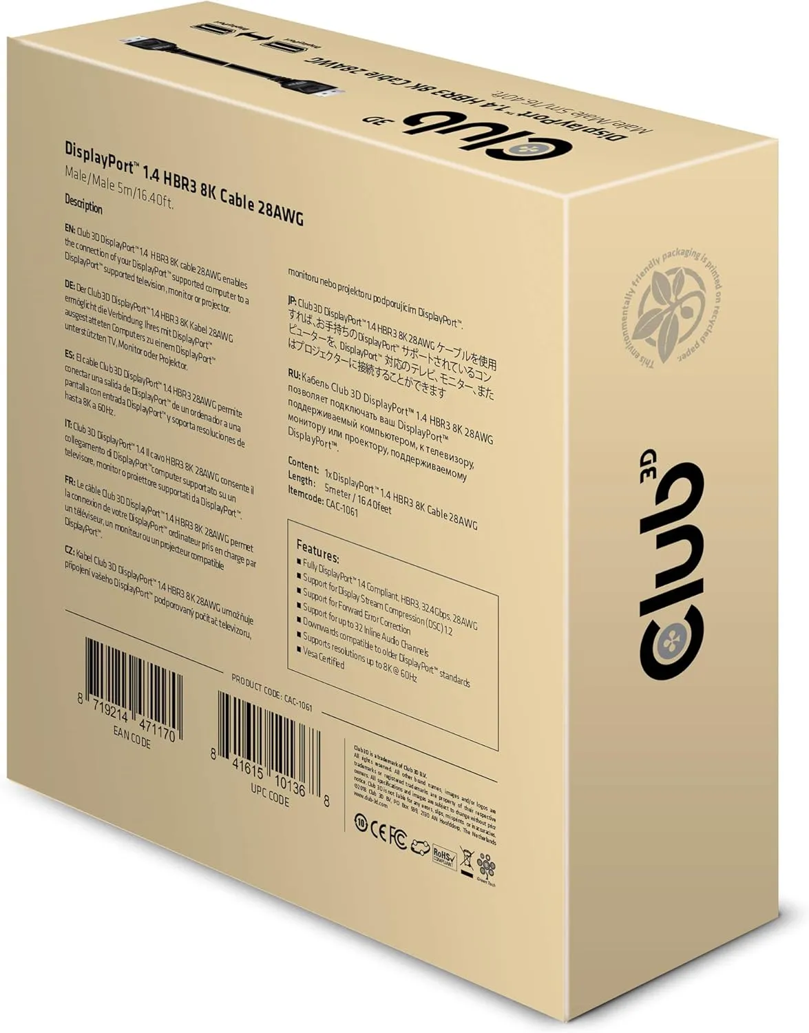 Club3D CAC-1061 DisplayPort to DisplayPort 1.4/HBR3 Cable DP 1.4 8K 60Hz 5 Meter/16,4 Feet Black VESA certified