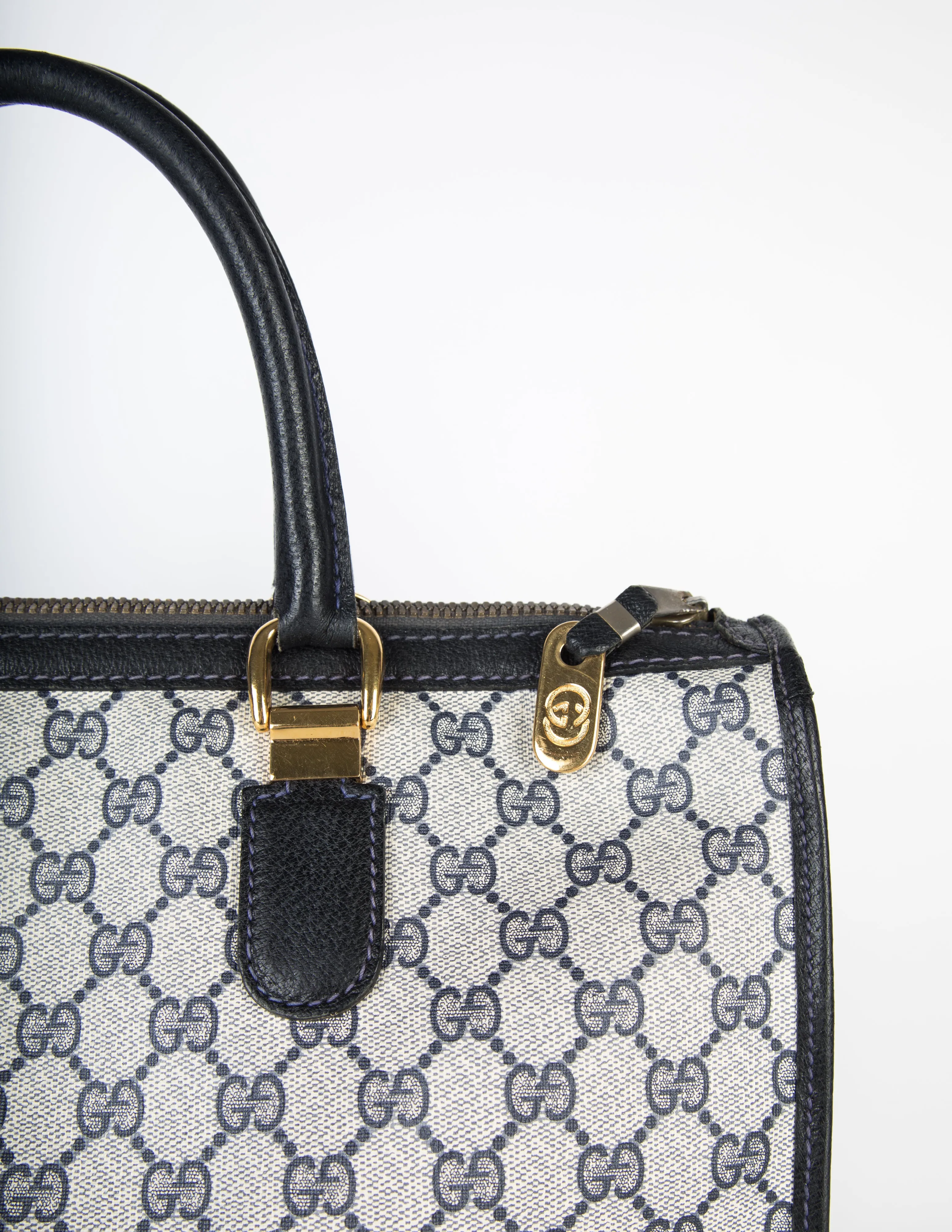 Gucci Vintage 1970s Blue Monogram Large Top Handle Tote Bag