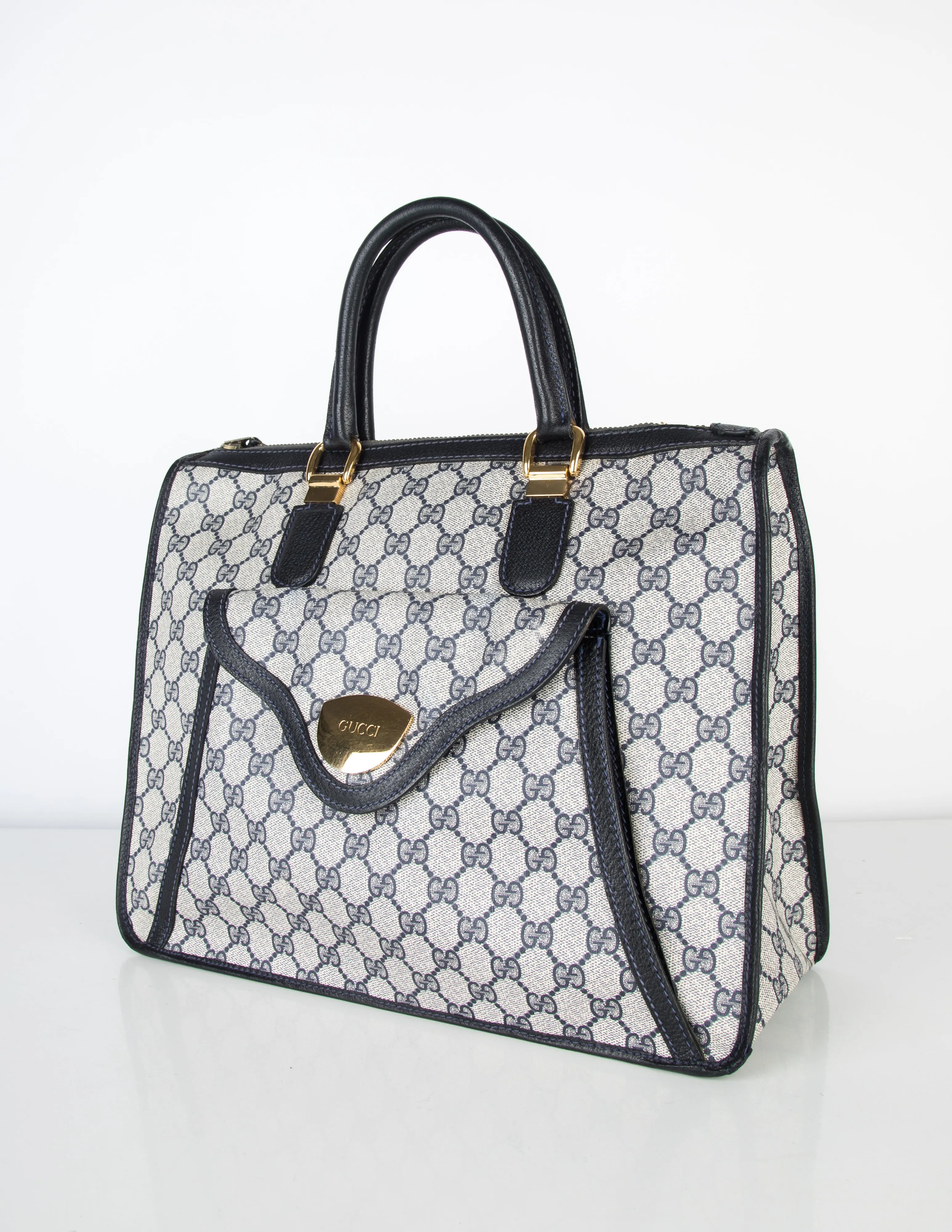 Gucci Vintage 1970s Blue Monogram Large Top Handle Tote Bag