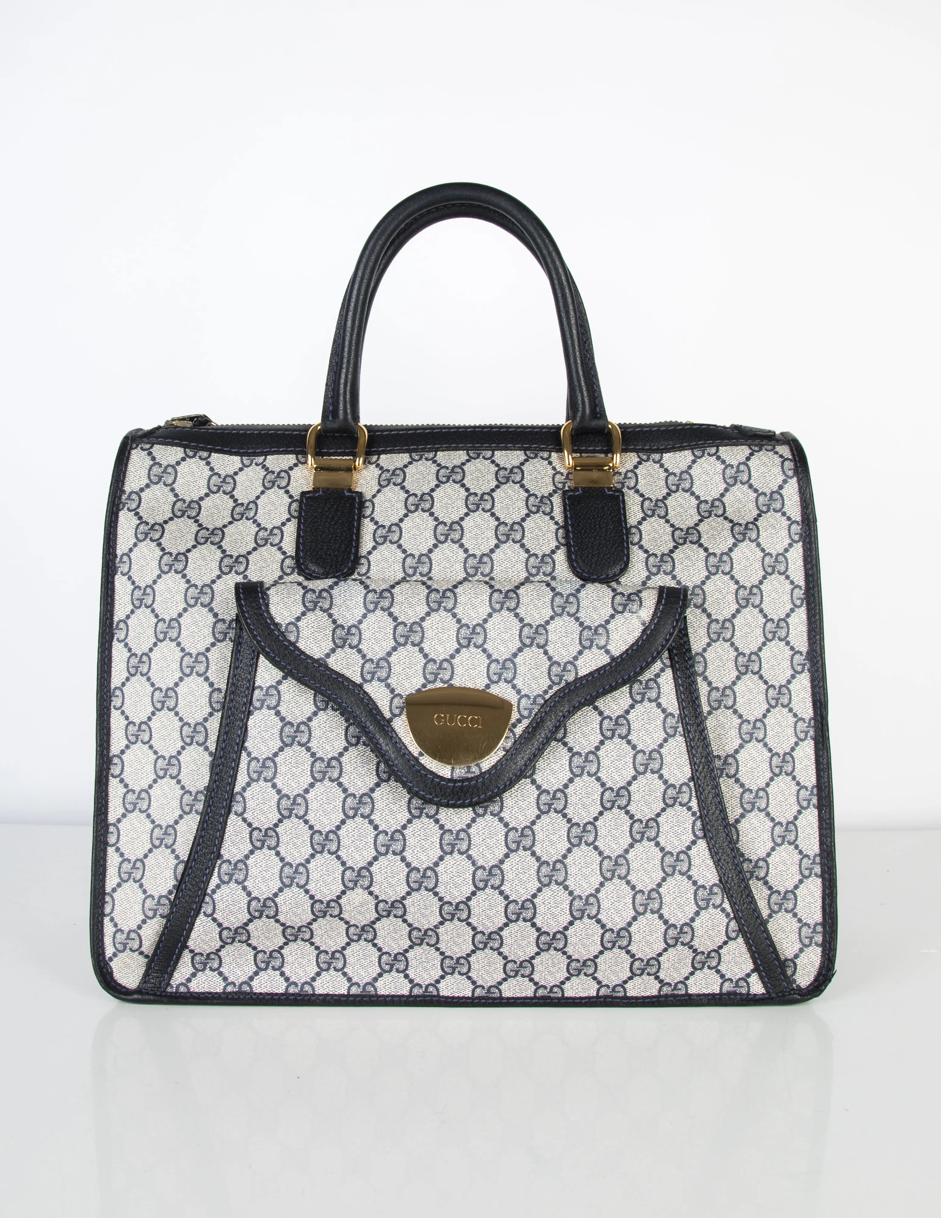 Gucci Vintage 1970s Blue Monogram Large Top Handle Tote Bag