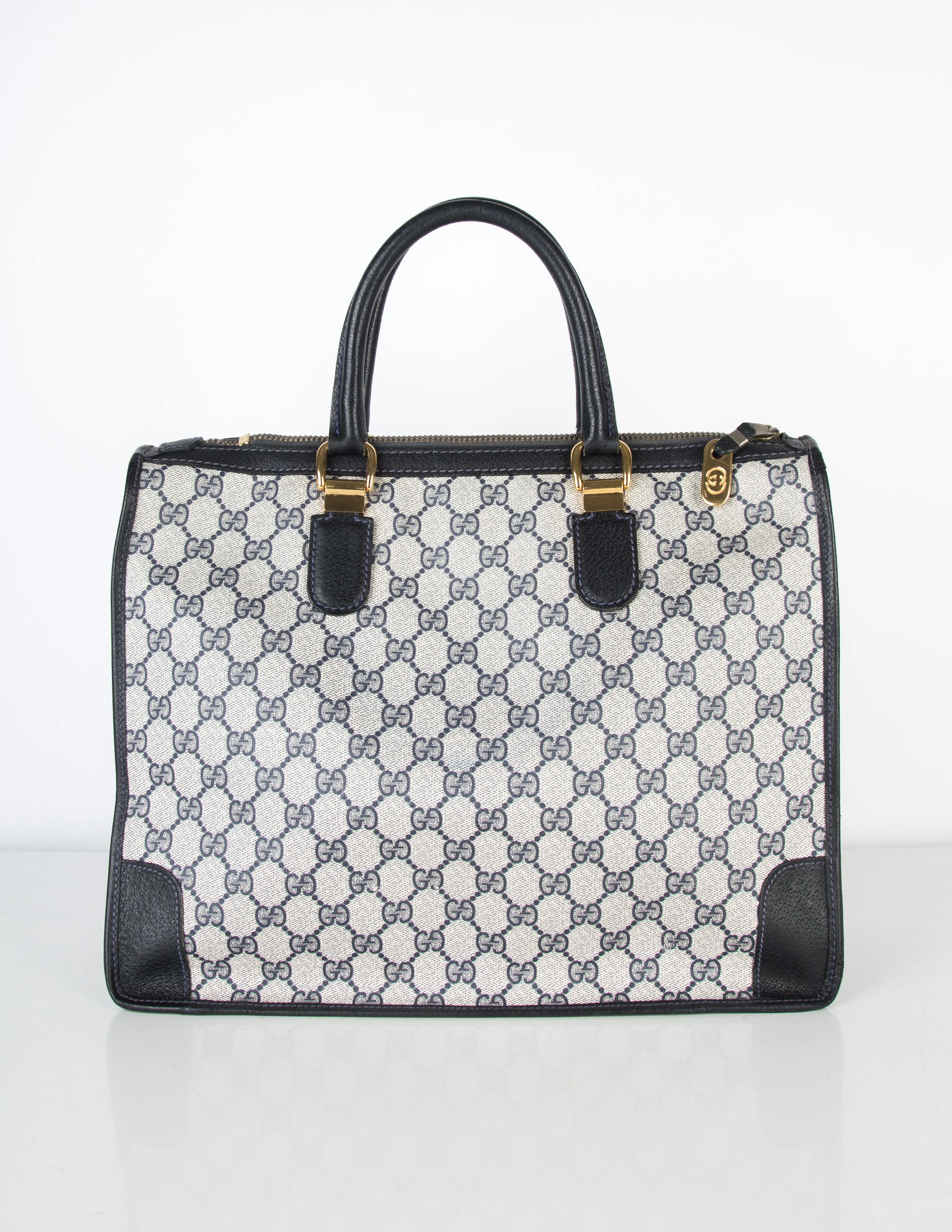 Gucci Vintage 1970s Blue Monogram Large Top Handle Tote Bag