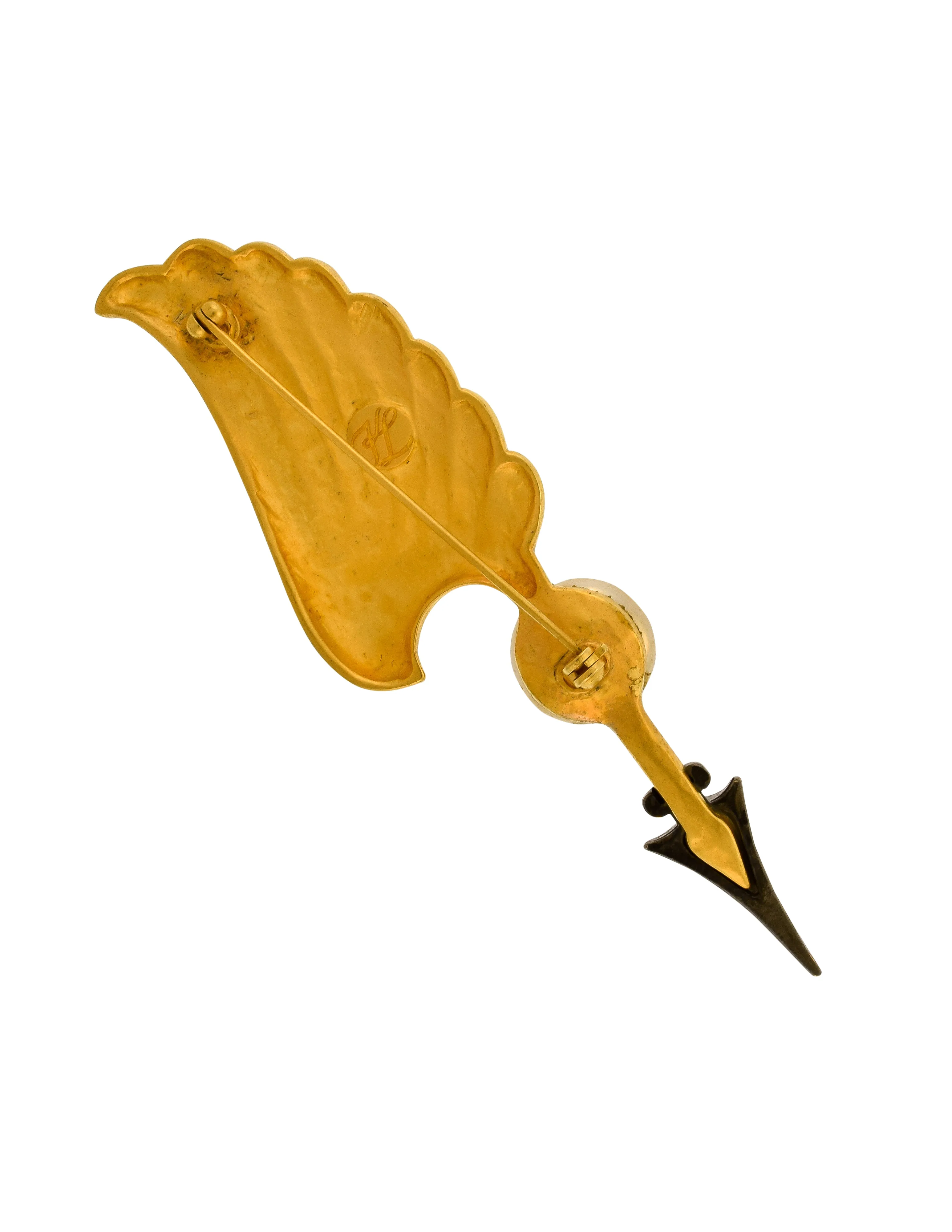Karl Lagerfeld Vintage Brushed Gold and Gunmetal Baroque Pearl Cupid's Arrow and Wing Brooch Pin