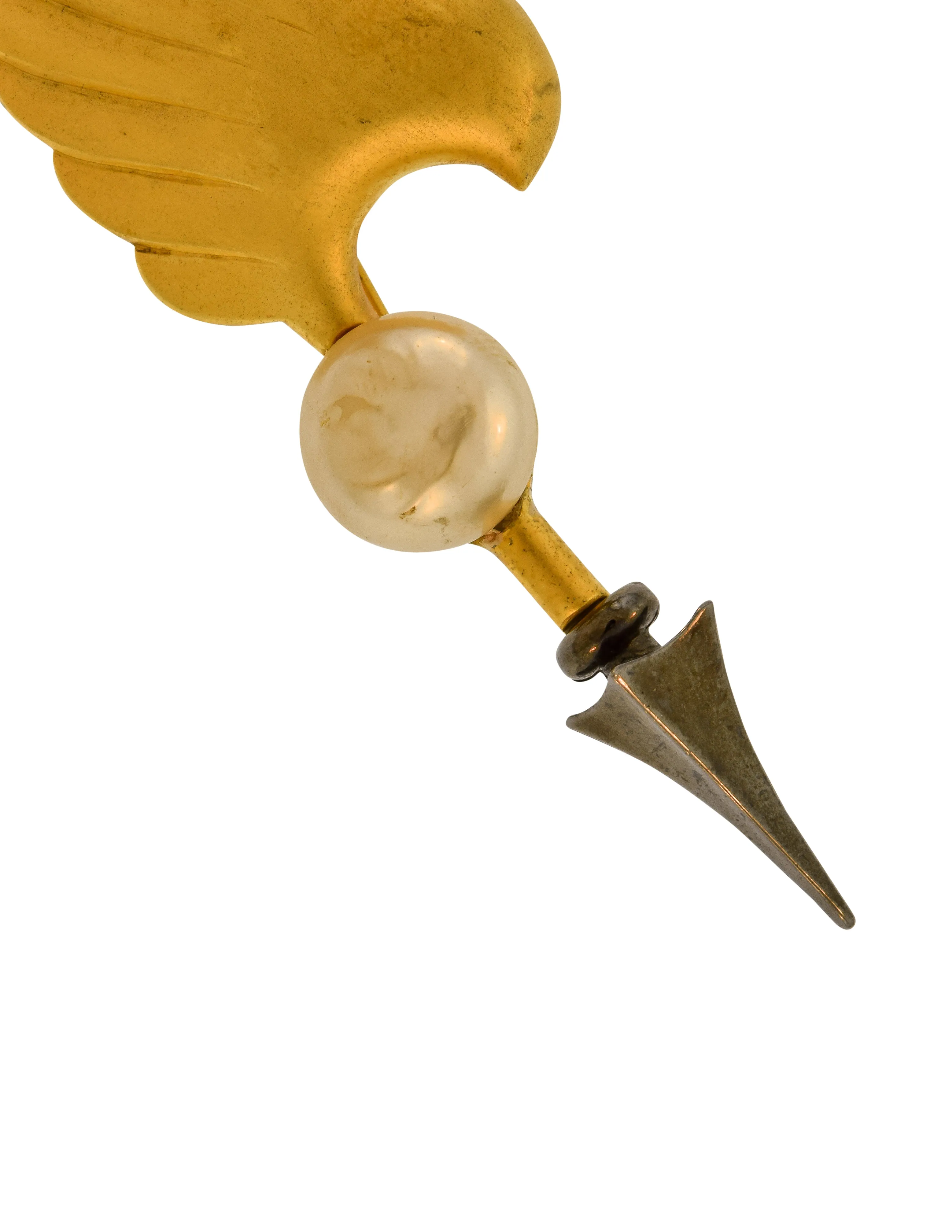 Karl Lagerfeld Vintage Brushed Gold and Gunmetal Baroque Pearl Cupid's Arrow and Wing Brooch Pin