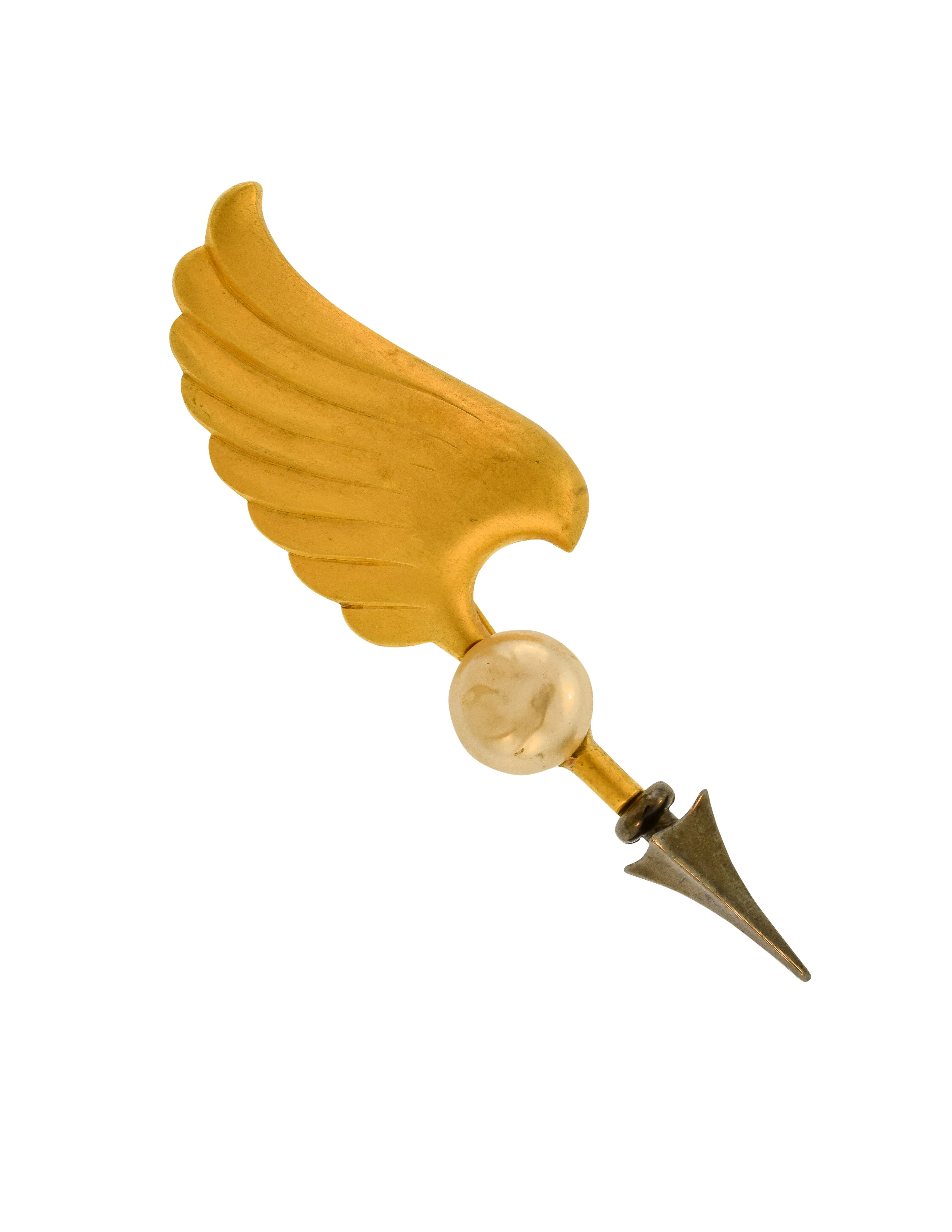 Karl Lagerfeld Vintage Brushed Gold and Gunmetal Baroque Pearl Cupid's Arrow and Wing Brooch Pin